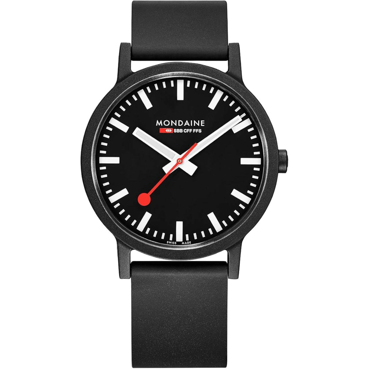 Front view layout of Mondaine Essence MS1.41120.RB sustainable material watch with signature red second hand and bold white indices