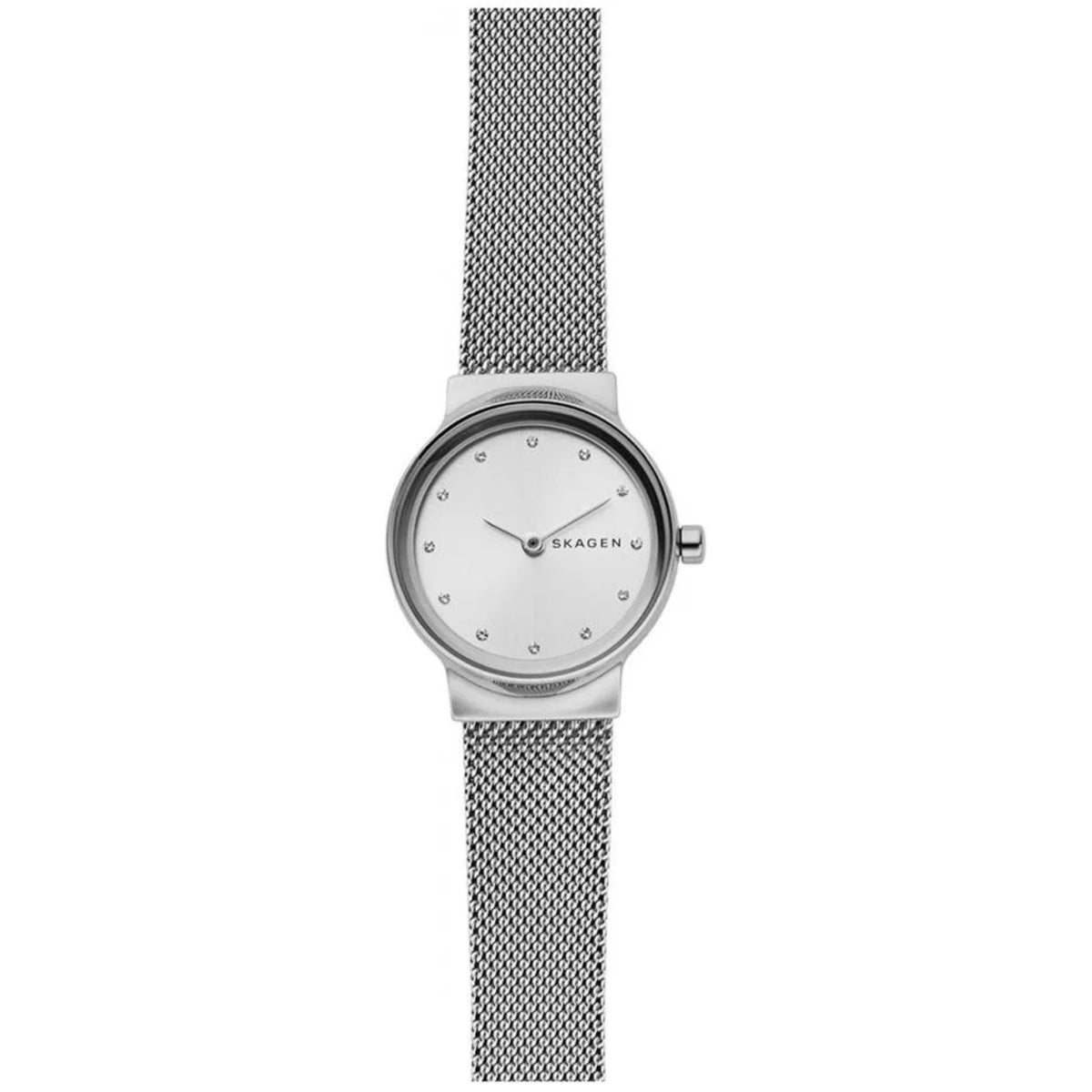 Front view of the Skagen Freja Lille SKW2715 womens watch displaying a white silver dial and stainless steel mesh bracelet