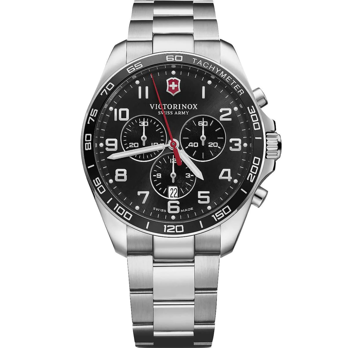 Men's stainless steel chronograph watch with black dial, tachymeter bezel, quartz movement