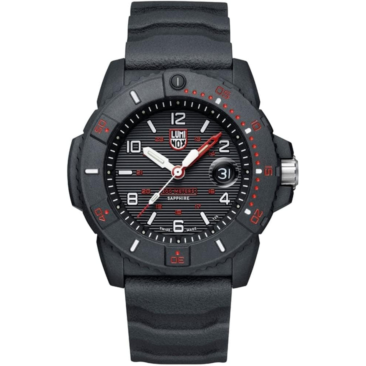 Men's dive watch with black rubber strap, black dial, red accents, date window at 3