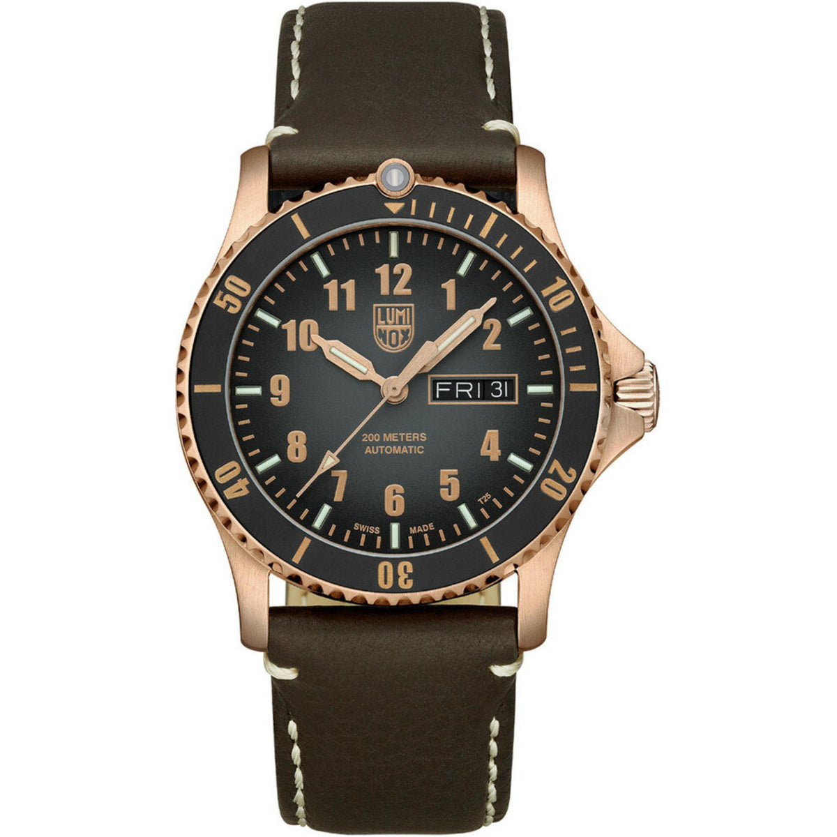Men's automatic wristwatch with black dial, black leather strap, rose-gold case