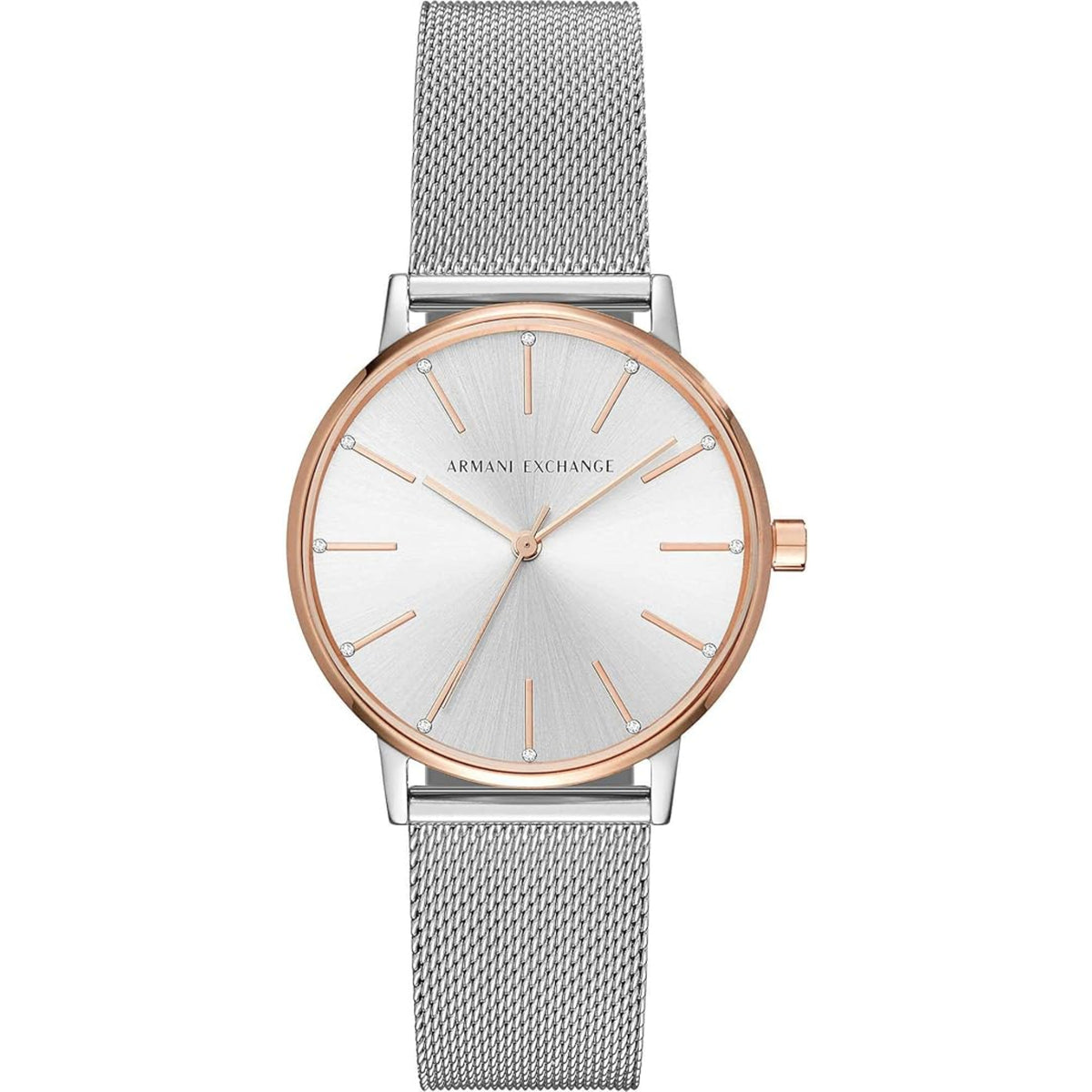 Ladies quartz watch with silver dial, rose-gold bezel, steel mesh strap, Armani Exchange
