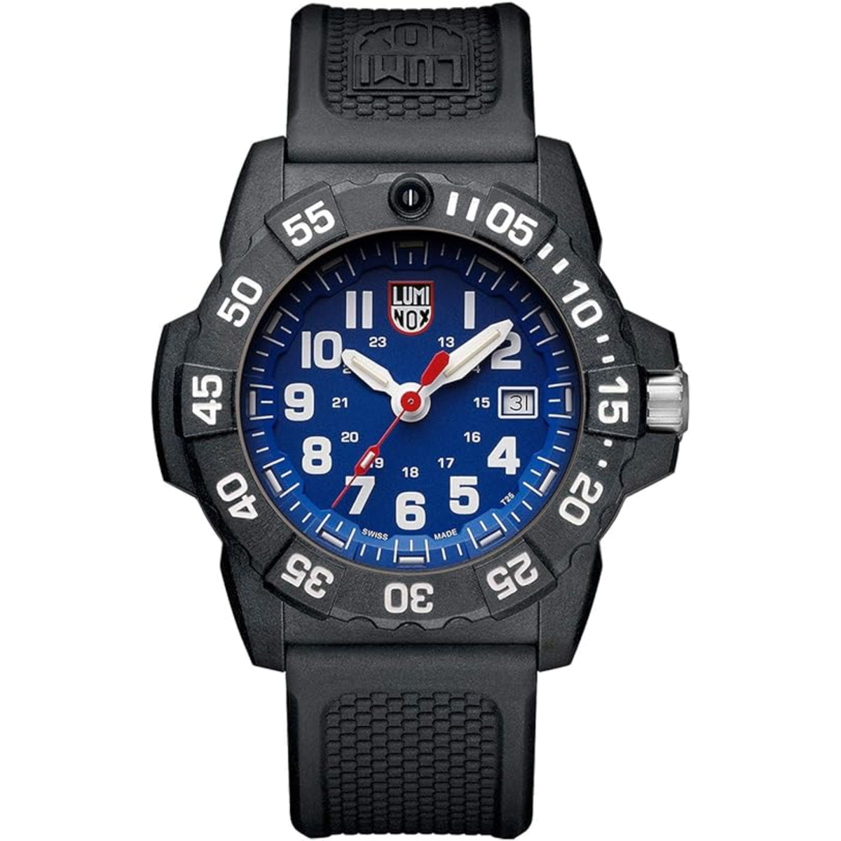 Men's black silicone strap dive watch with blue luminous dial and chunky black bezel