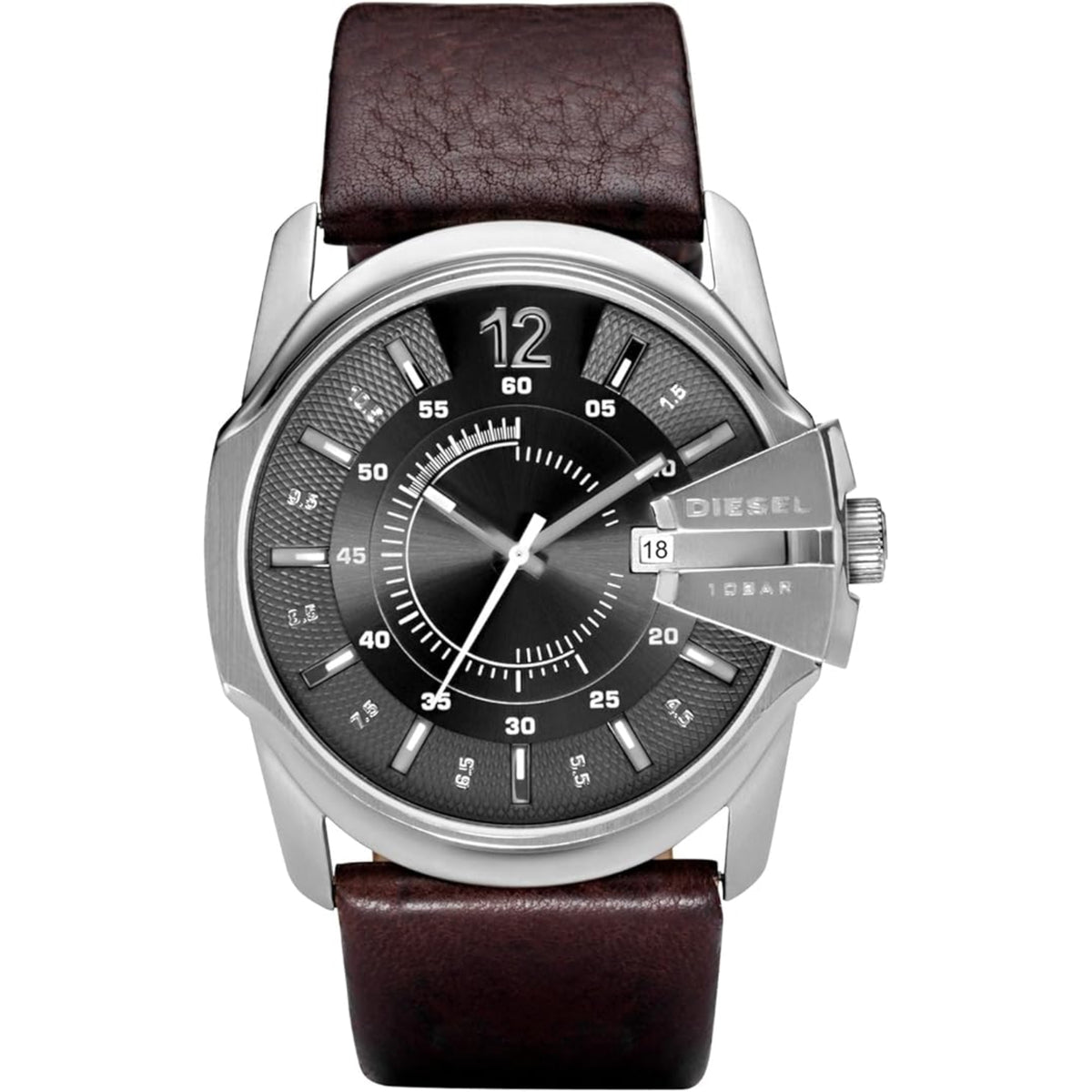 Men's quartz watch with dark dial, silver case, and brown leather strap