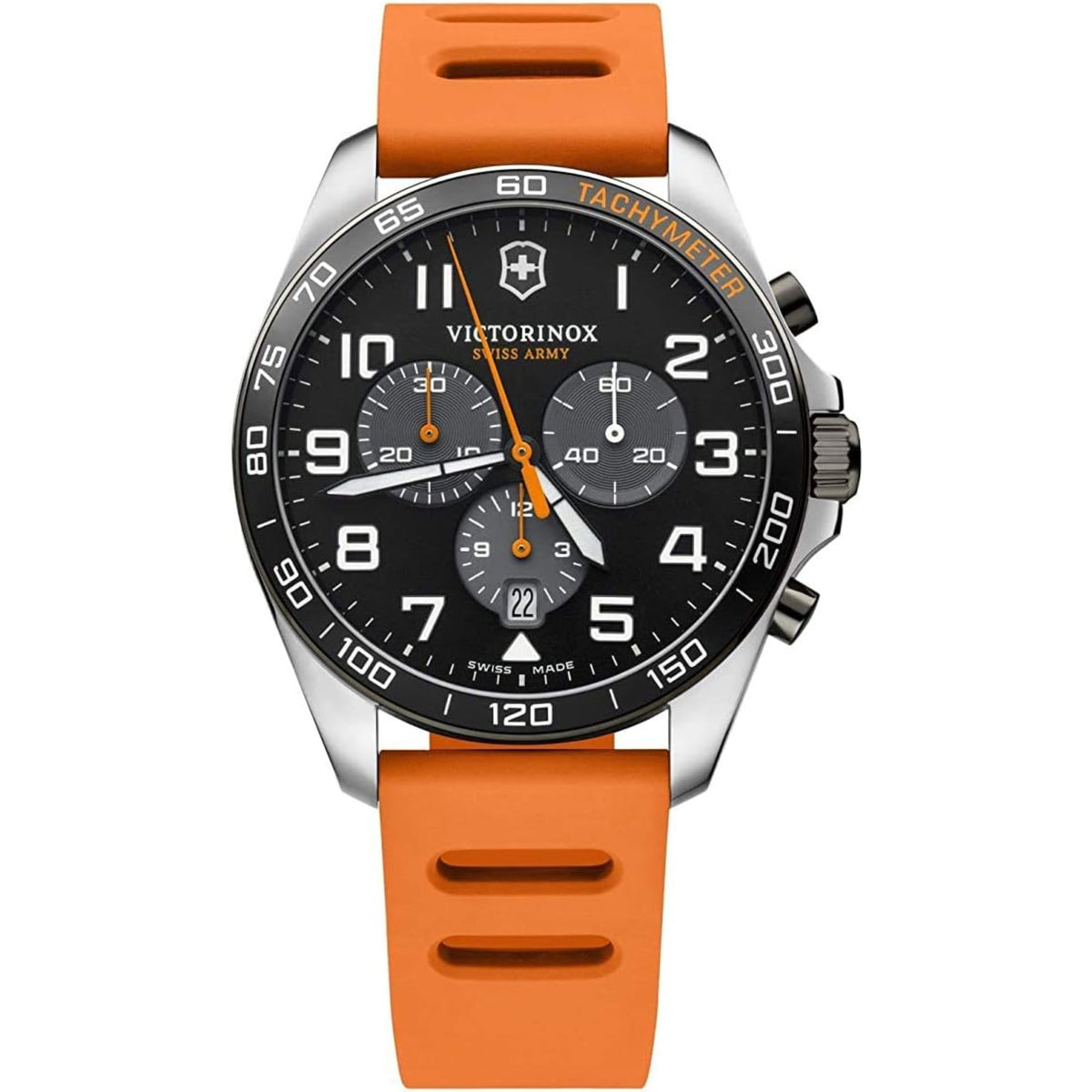 Men's quartz chronograph watch, black dial, orange rubber strap, silver case