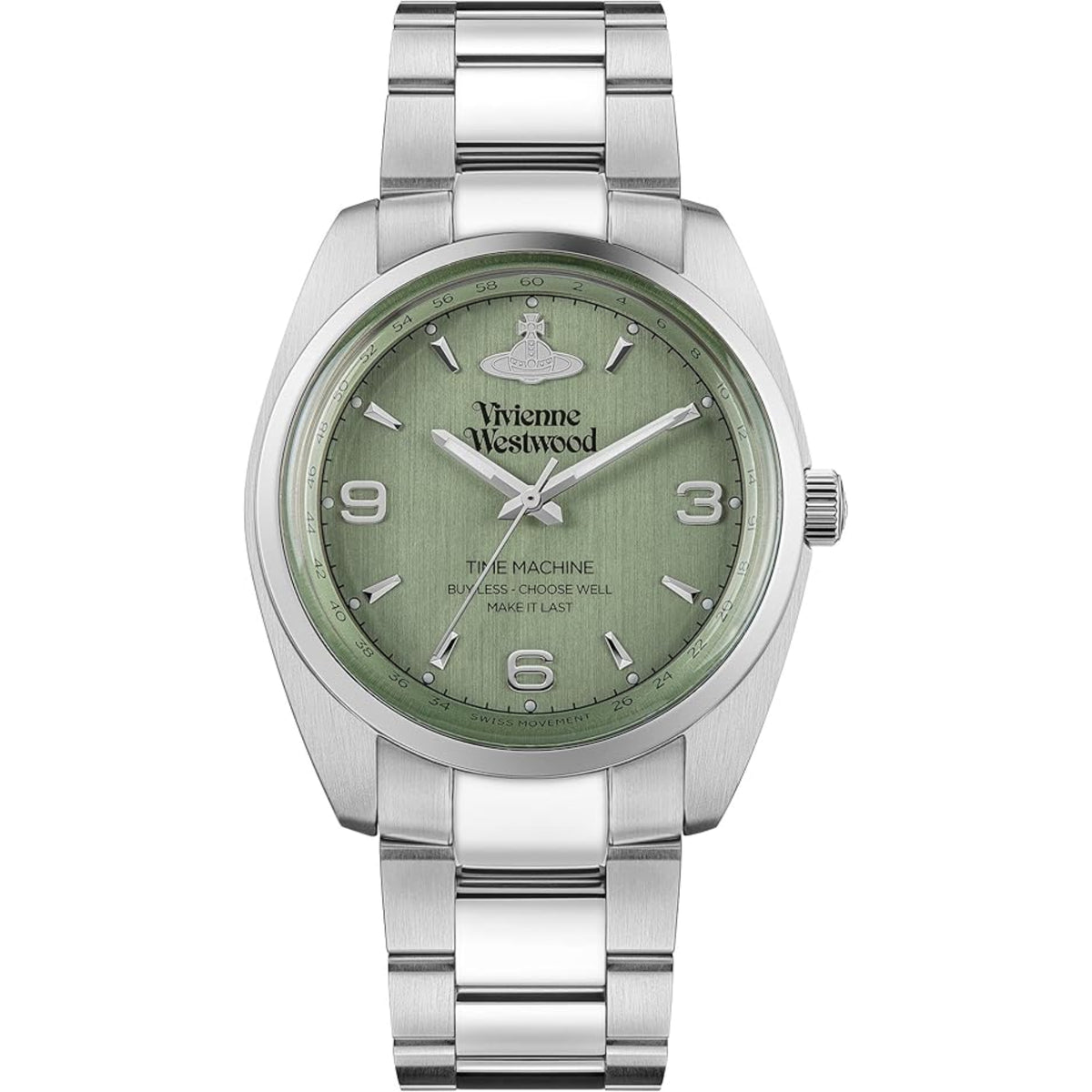 Stainless steel bracelet strap wrist watch with green dial, silver markers and hands
