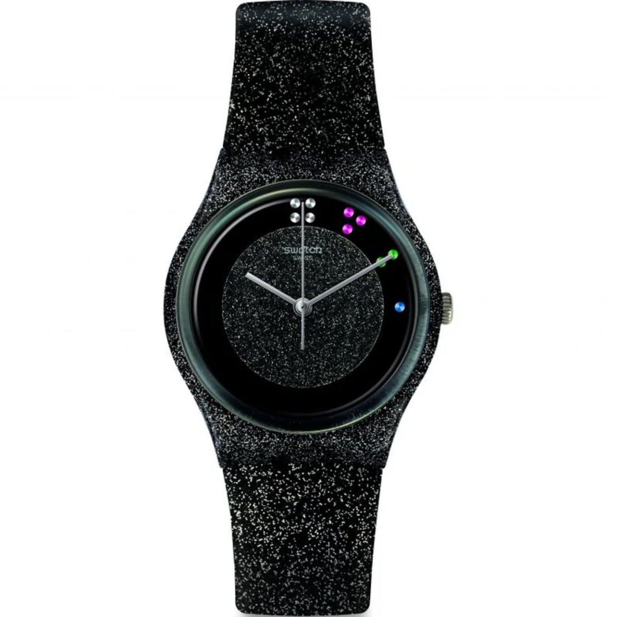 Black glitter dial ladies quartz watch with speckled black leather strap and silver hour markers
