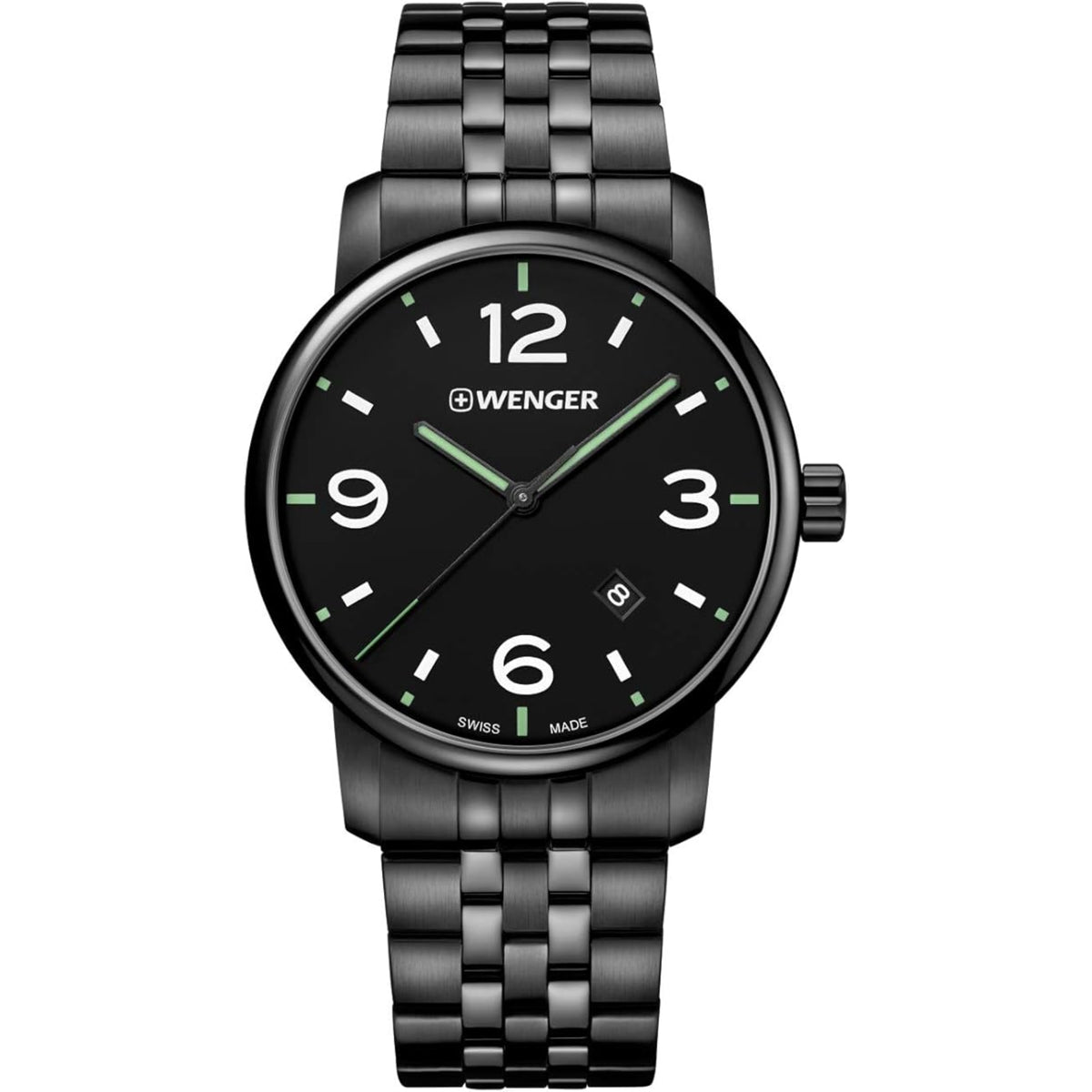 Men's Wenger wristwatch with black dial, green accents, and black stainless link bracelet