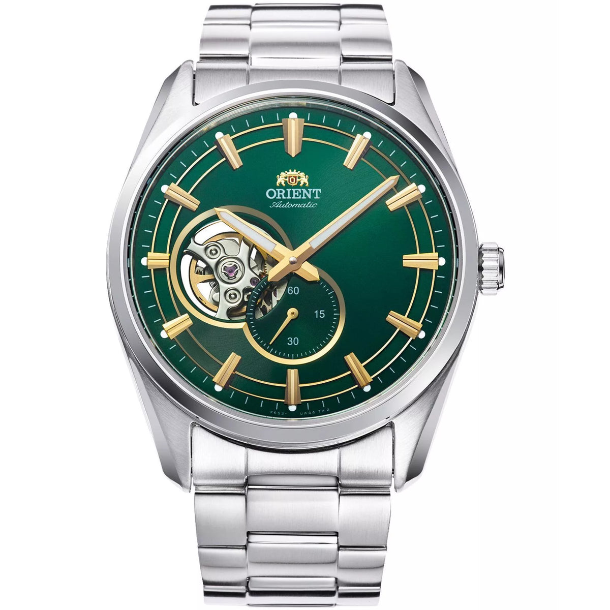 Green dial skeleton-style men’s wristwatch with gold-tone hands and stainless steel bracelet
