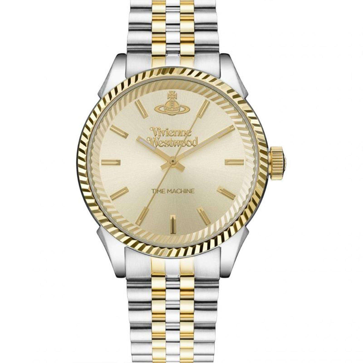 Two-tone stainless steel men's watch with champagne dial and gold-tone bezel, two-tone bracelet.