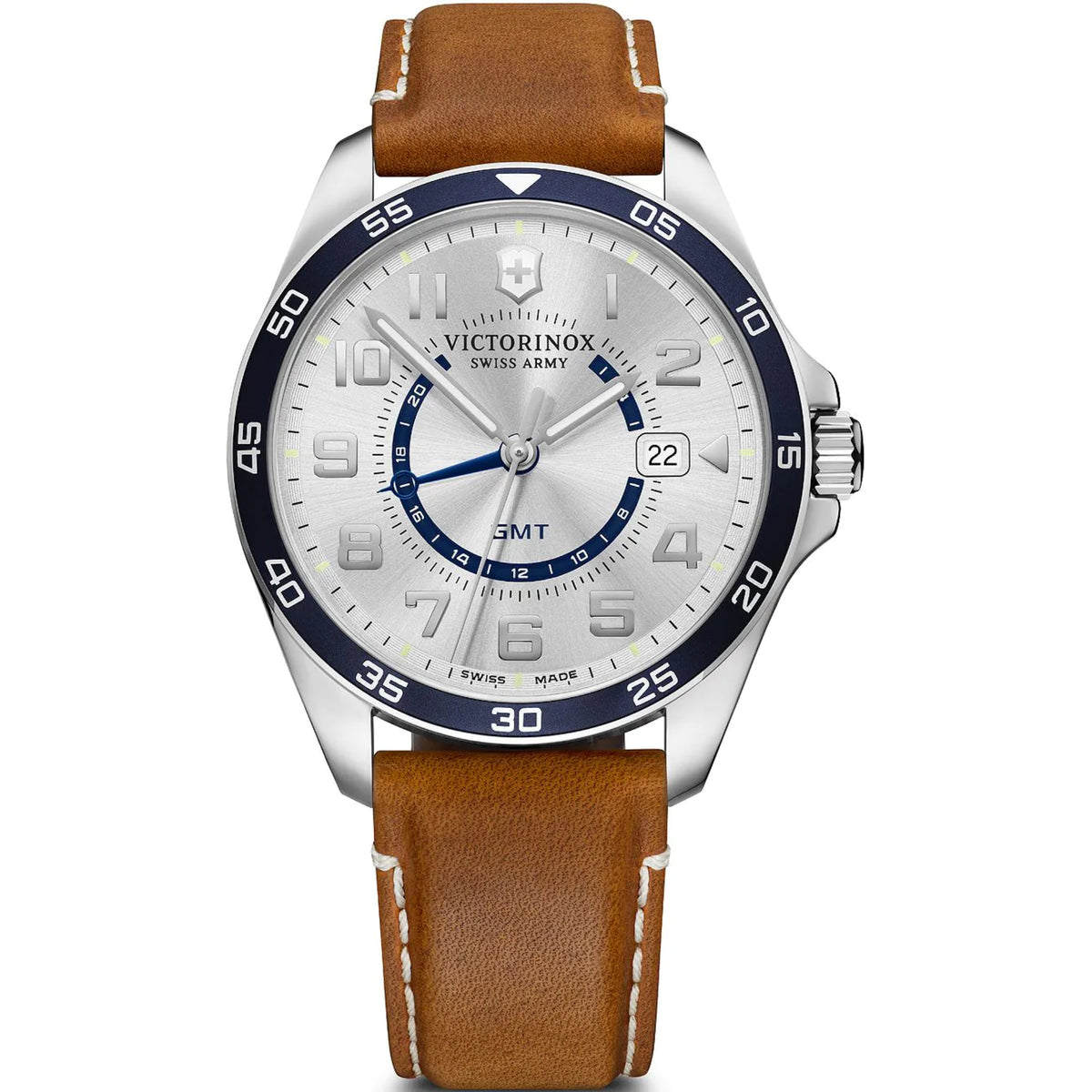 Men's quartz wristwatch with silver case, brown leather strap, blue GMT dial accents