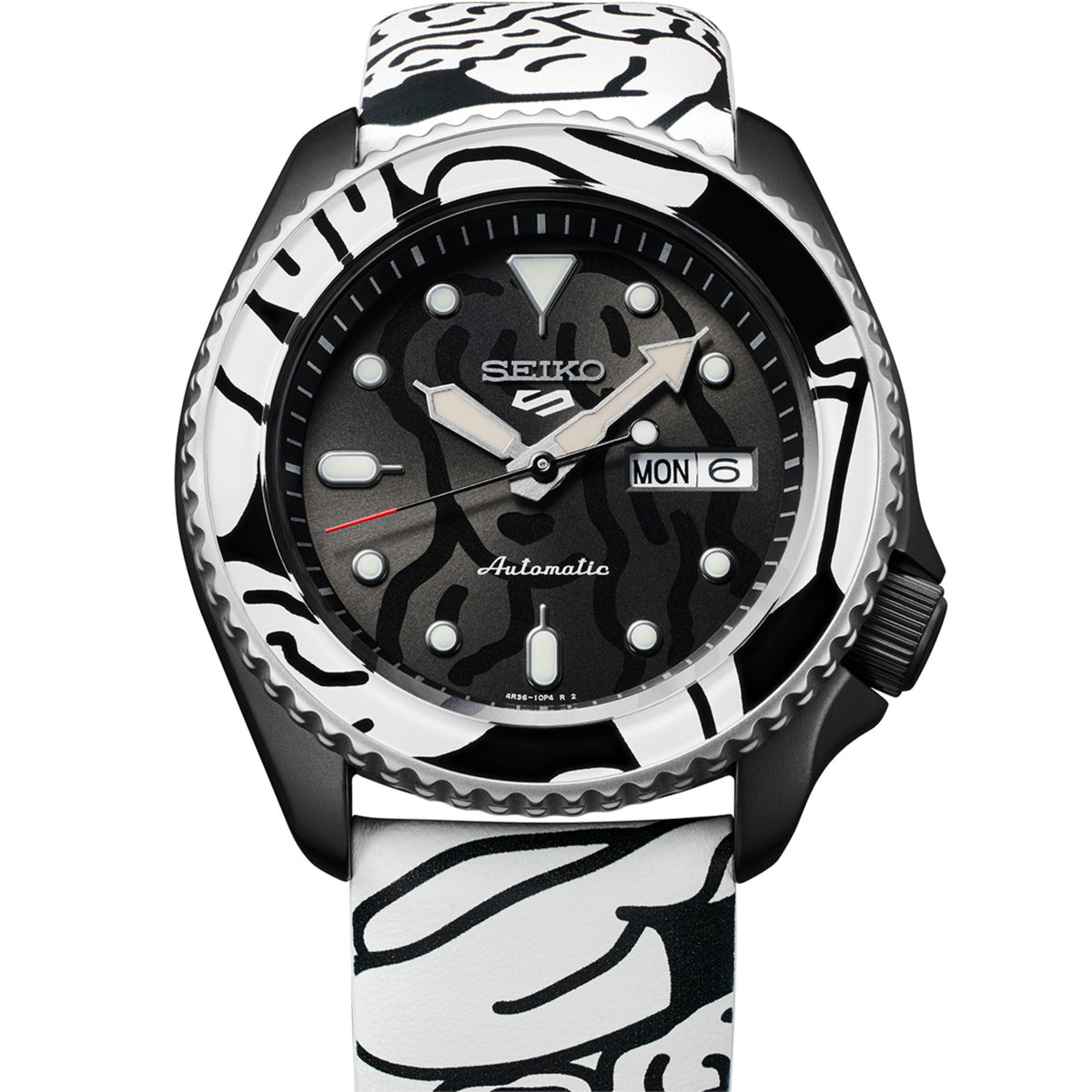 Front view of Seiko 5 Sports Auto Moai limited edition automatic mens watch SRPG43K1 featuring a black camouflage dial and illustrated leather strap