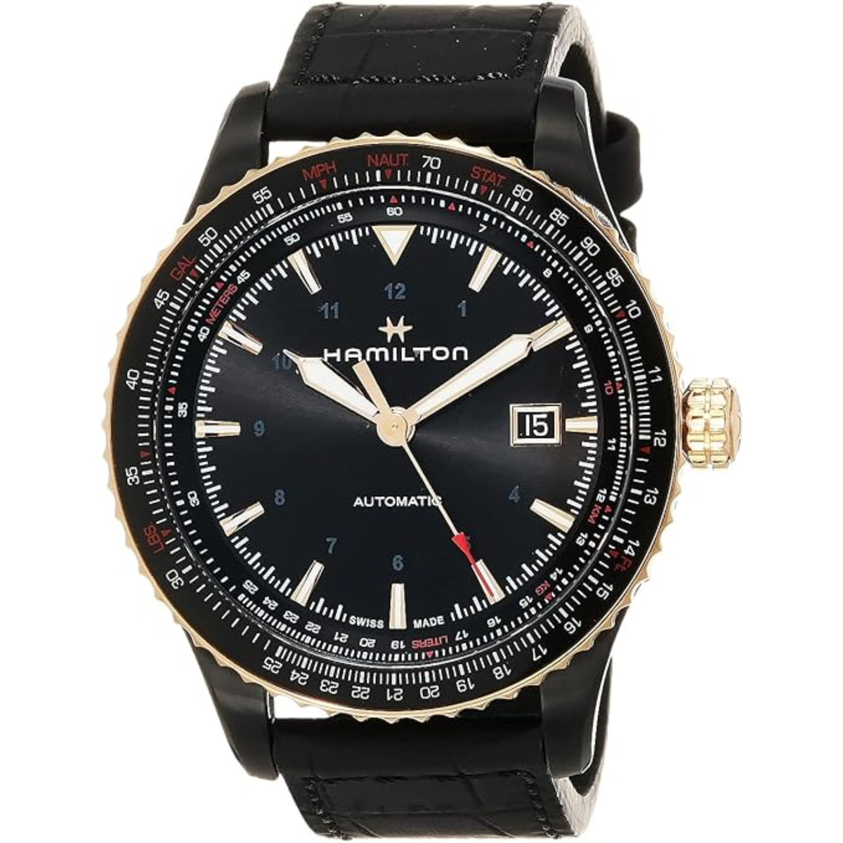 Men's automatic watch with black dial, black leather strap, gold-tone bezel.