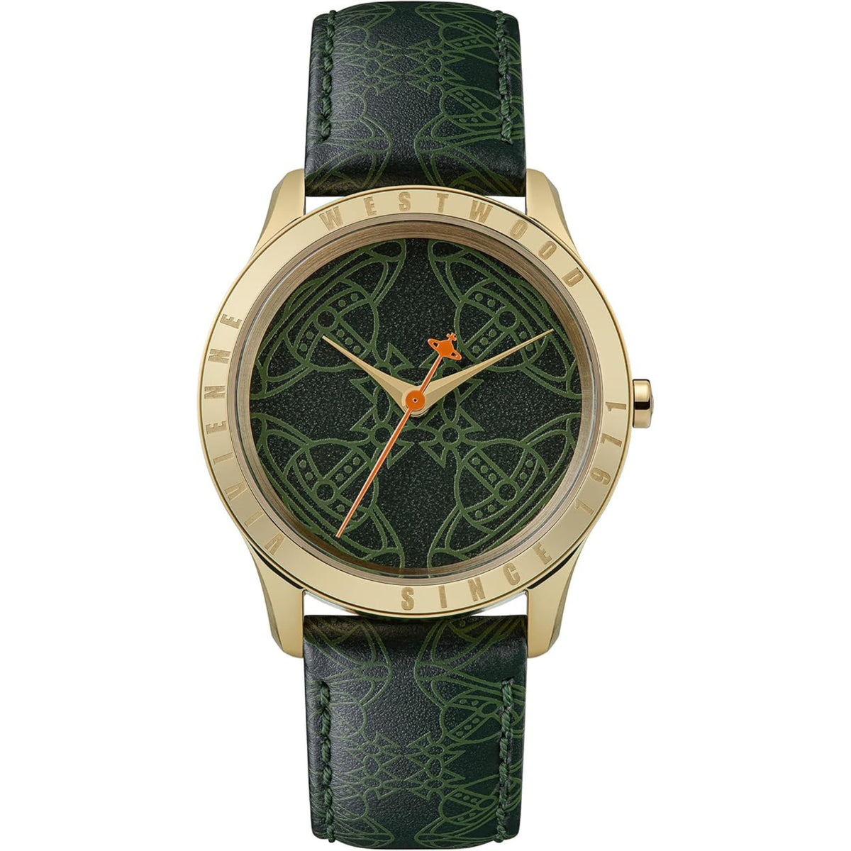Vivienne Westwood Berkeley green dial leather strap watch, gold-tone case, orange hands
