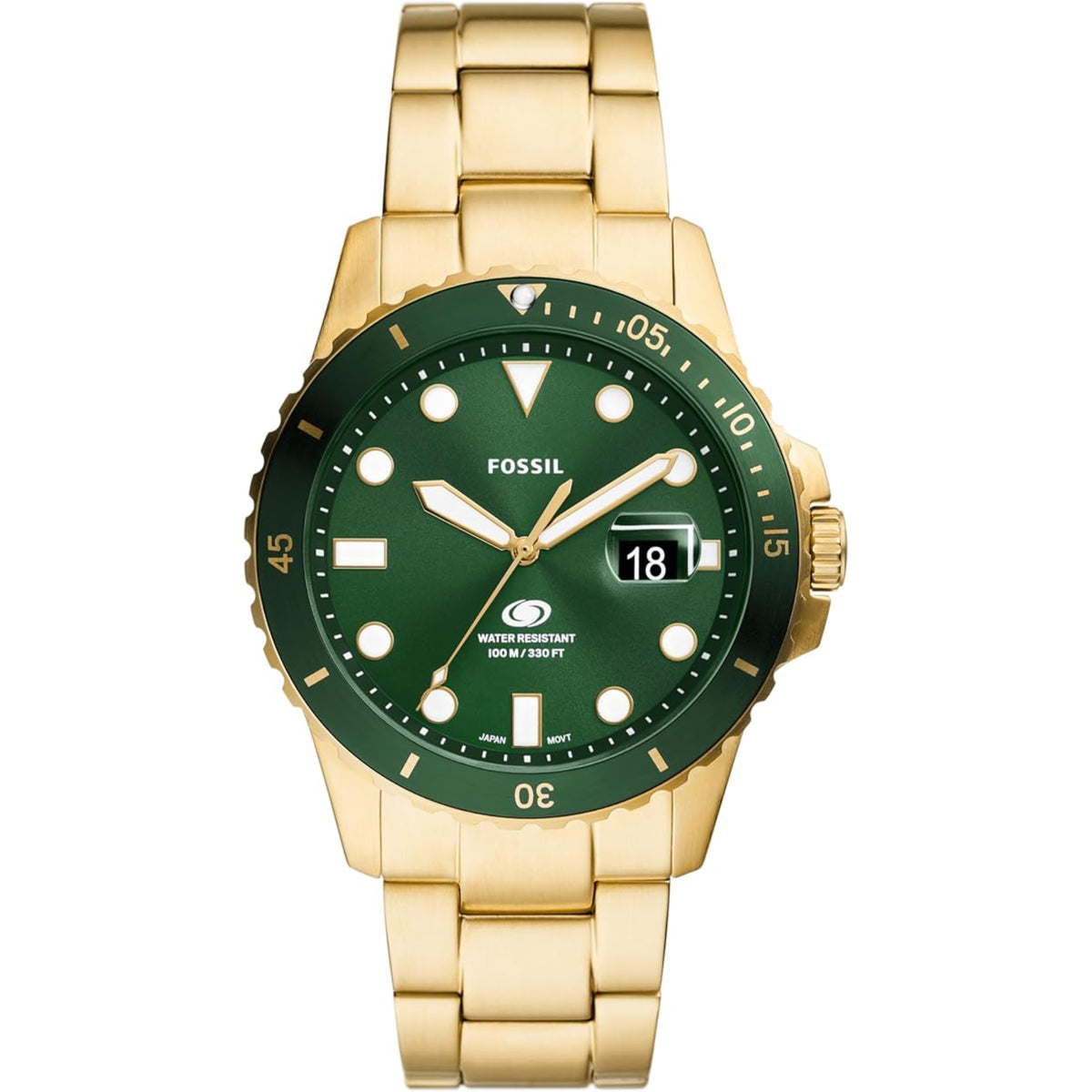 Gold steel men's dive watch with green dial, bezel markers, and date window