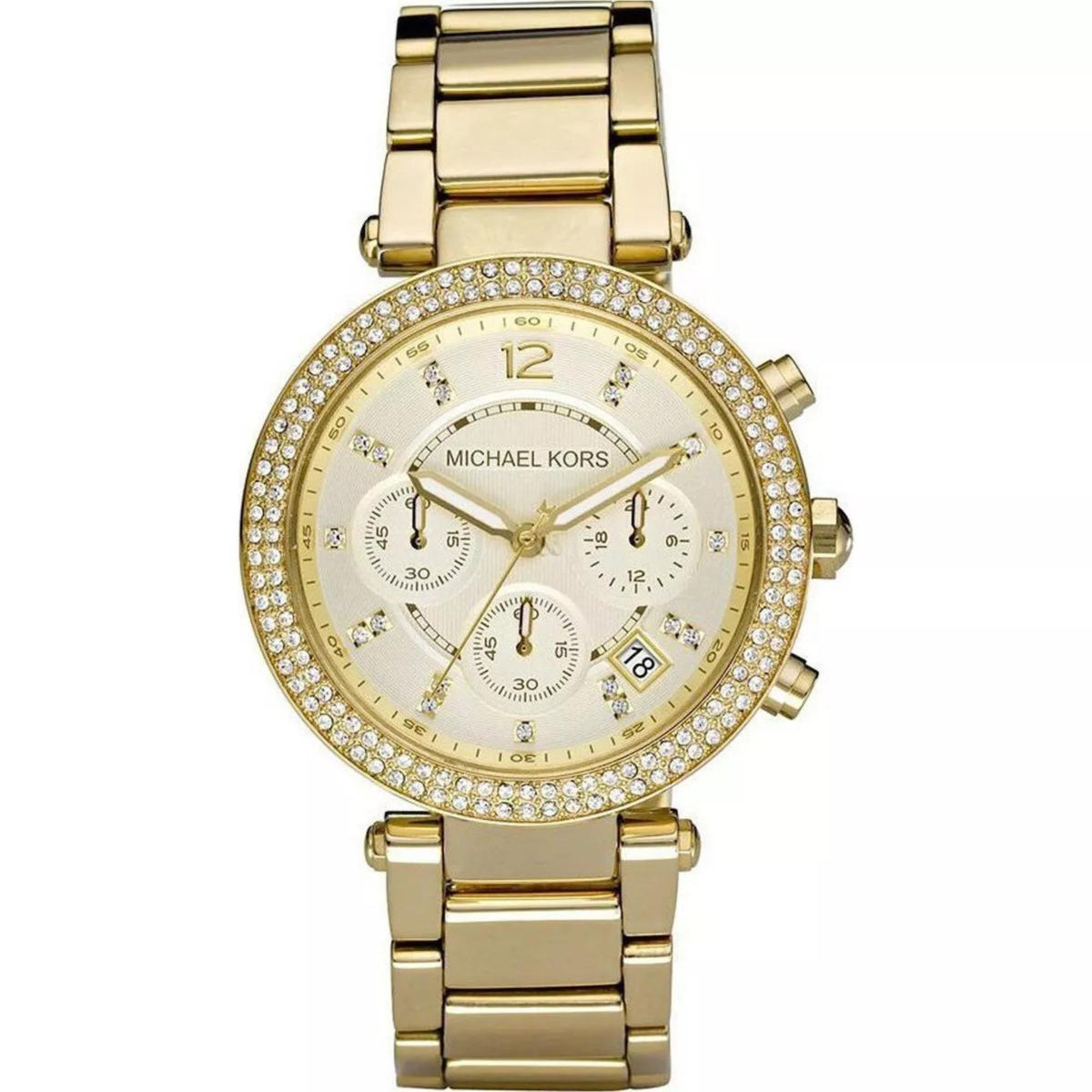 Women's gold-tone chronograph watch with champagne dial and diamond-studded bezel