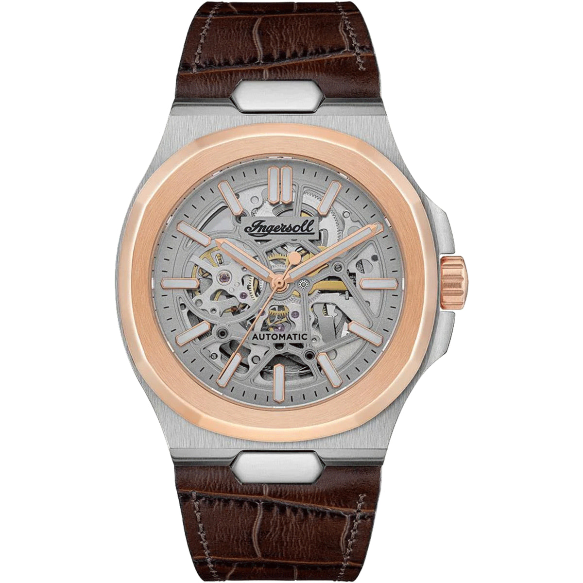 Men's automatic skeleton watch with silver case, rose-gold bezel, and brown leather strap