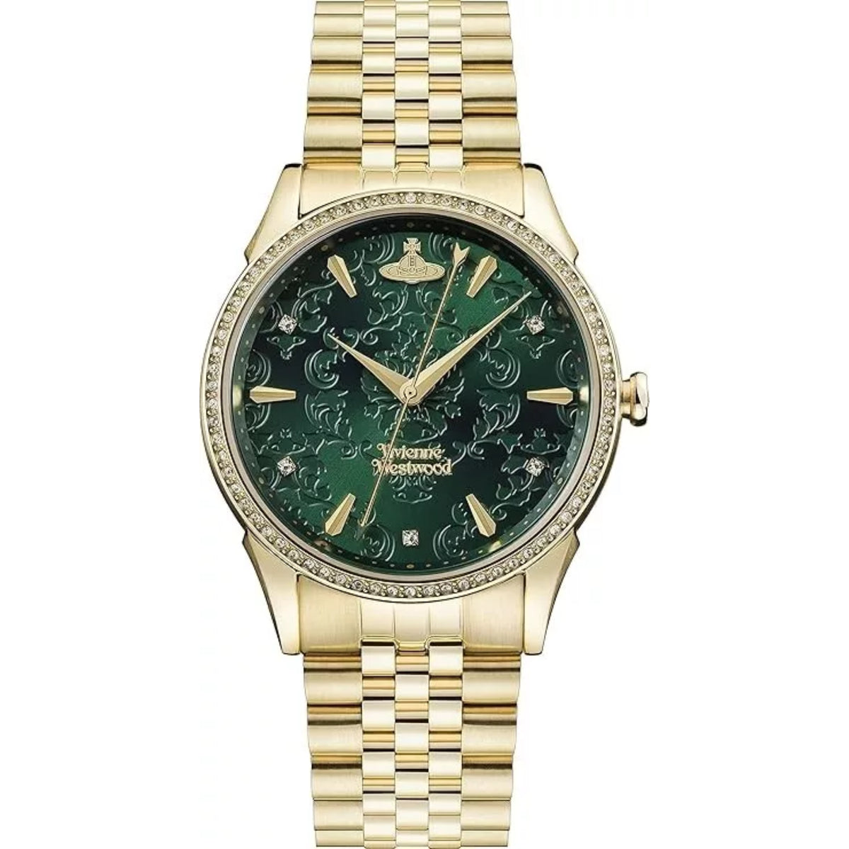 Gold-tone ladies quartz watch with green dial, crystal bezel, and link bracelet