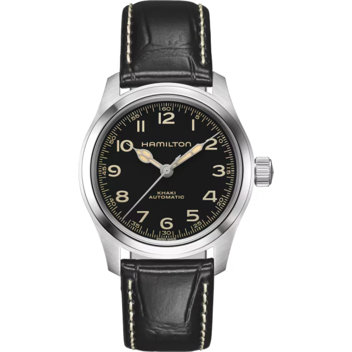 Hamilton Khaki Field Murph H70405730 38mm automatic mens watch front view showing black dial and black leather strap with beige stitching