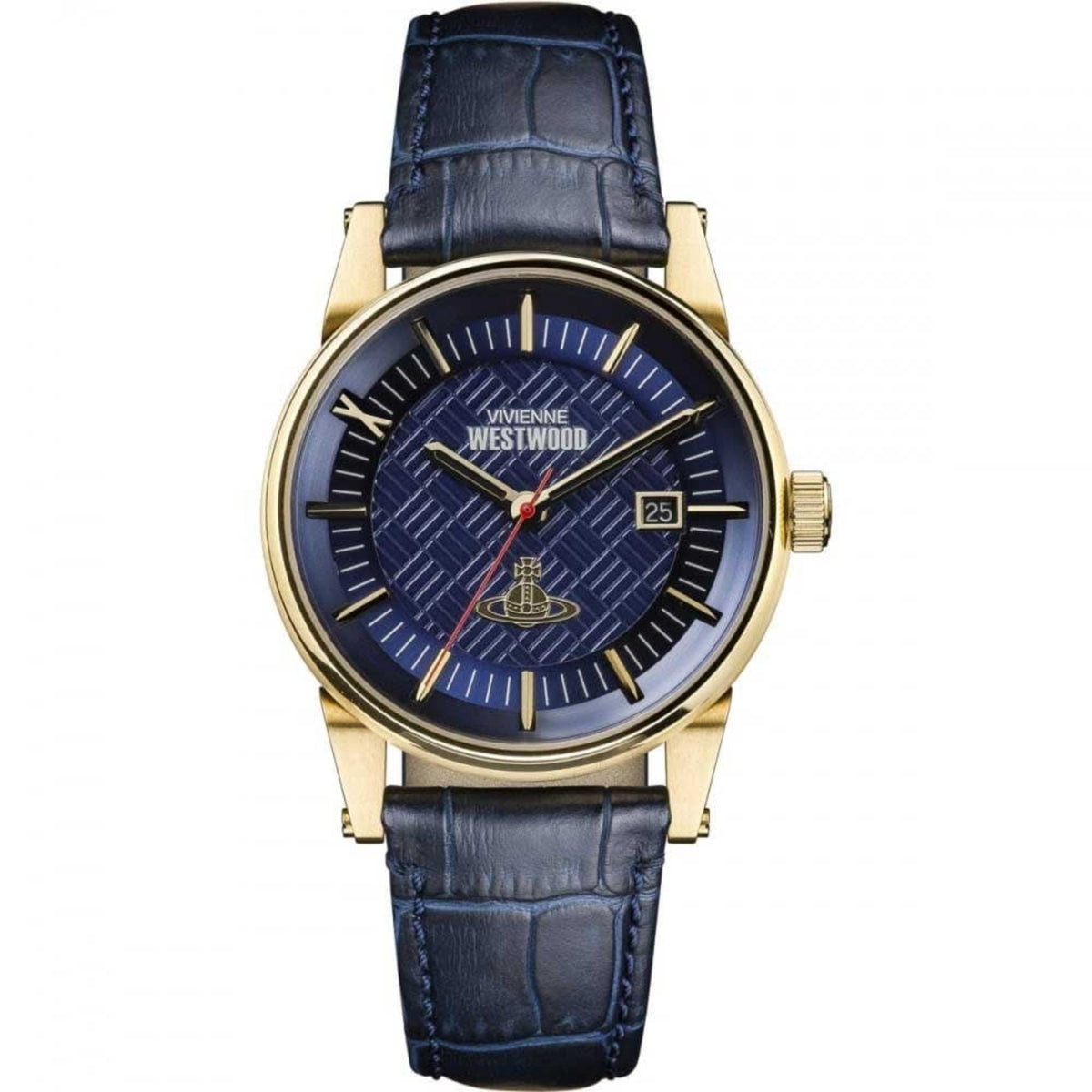 Vivienne Westwood men's leather strap watch with blue dial and gold-tone case