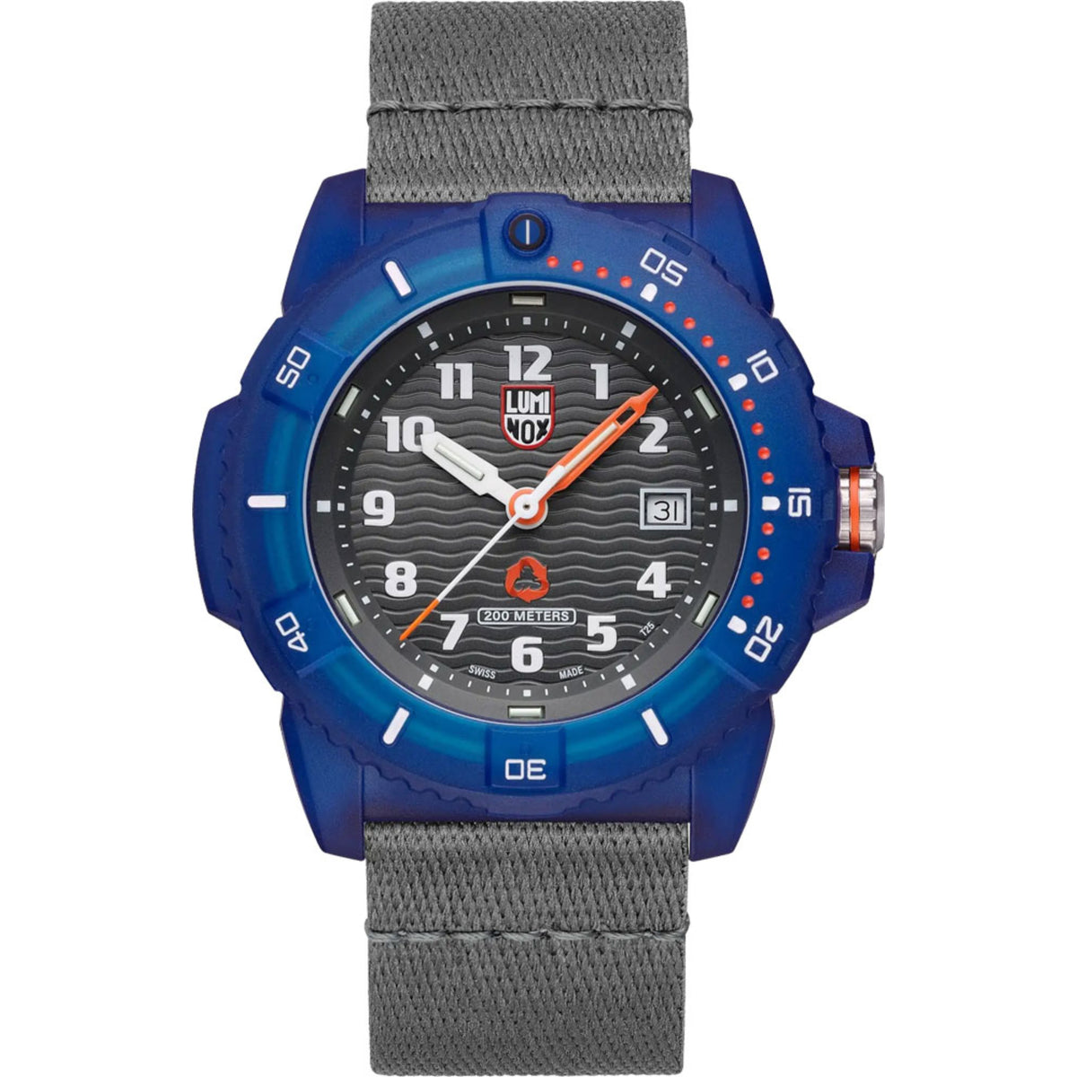 Men's Luminox watch with black dial and grey nylon strap, blue case with orange accents