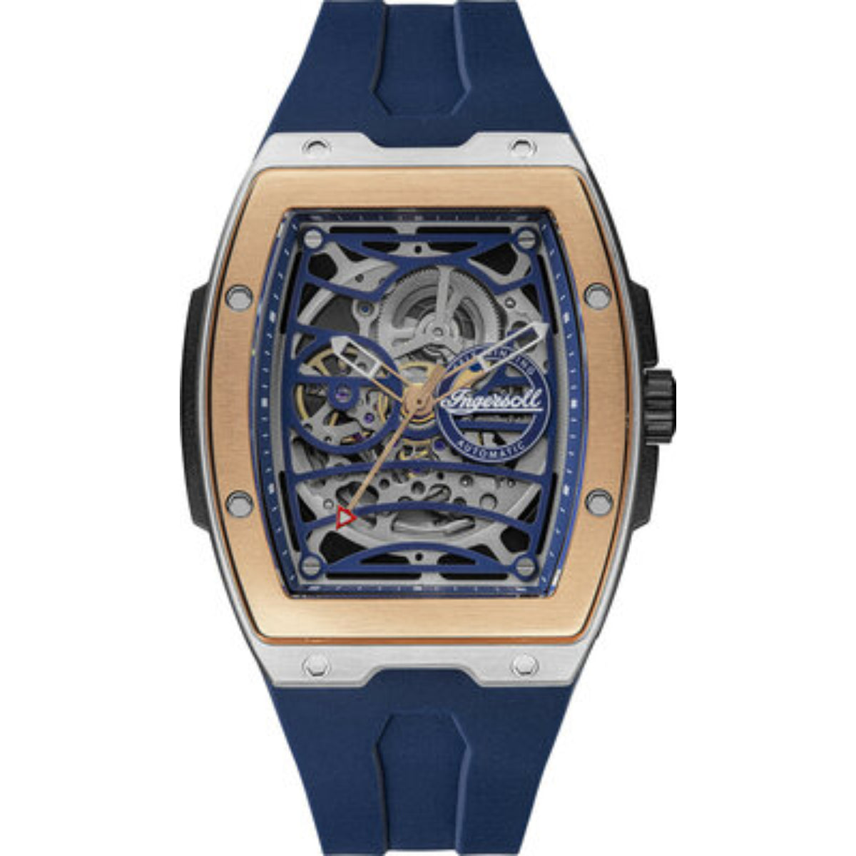Men's skeleton watch with blue openwork dial, rose-gold case, blue silicone strap