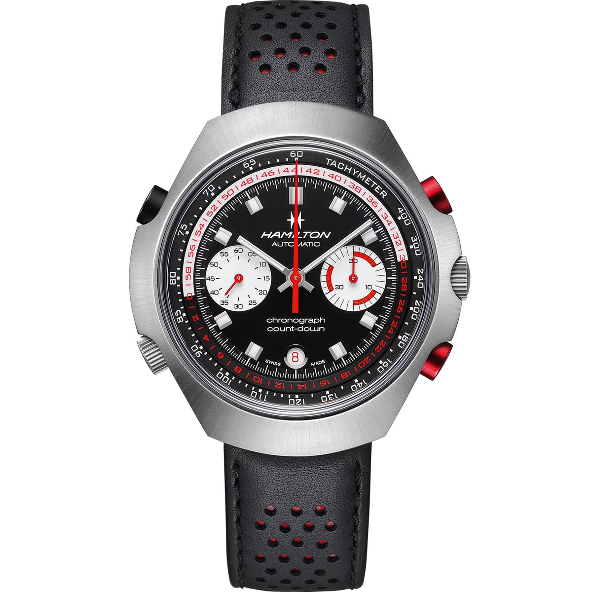 Men's automatic chronograph watch with black dial, red subdials and accents, black leather strap, silver case