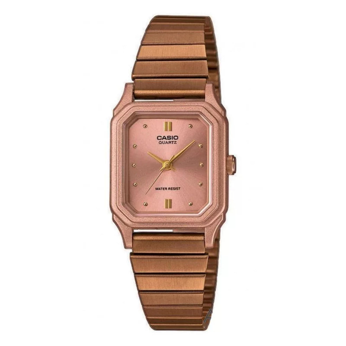 Women's Casio quartz analog watch with bronze-toned rectangular case and metal bracelet