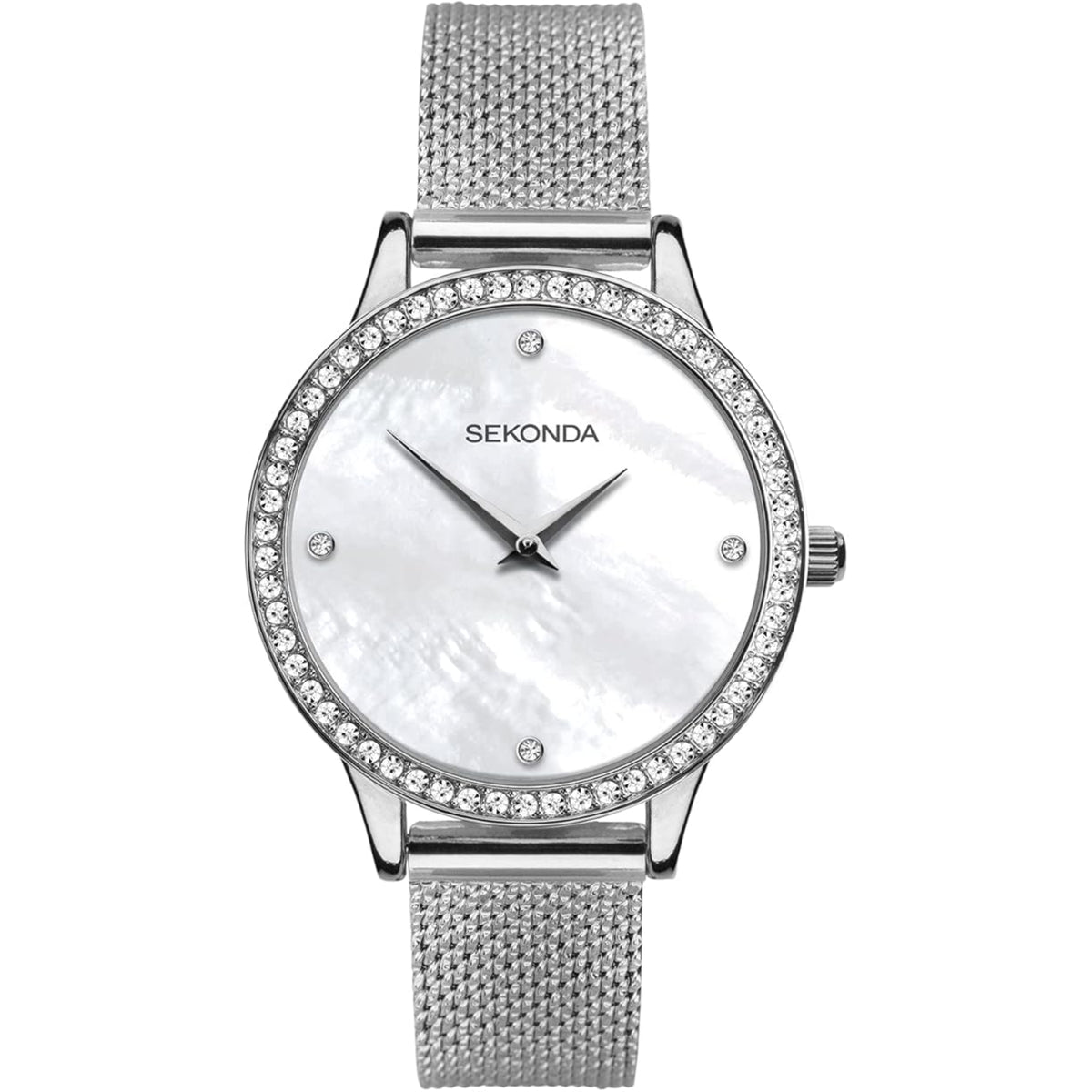 Sekonda bracelet watch with white mother-of-pearl dial, crystal bezel, mesh strap