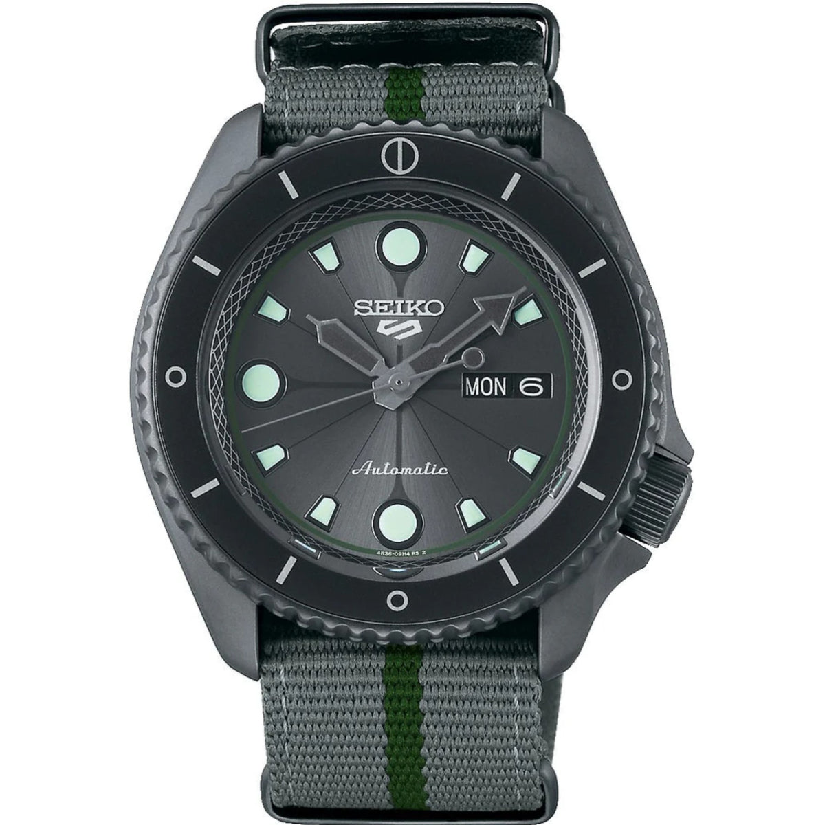 Front view of Seiko 5 Sports Boruto & Naruto mens watch SRPF75K1 with grey dial and nylon strap
