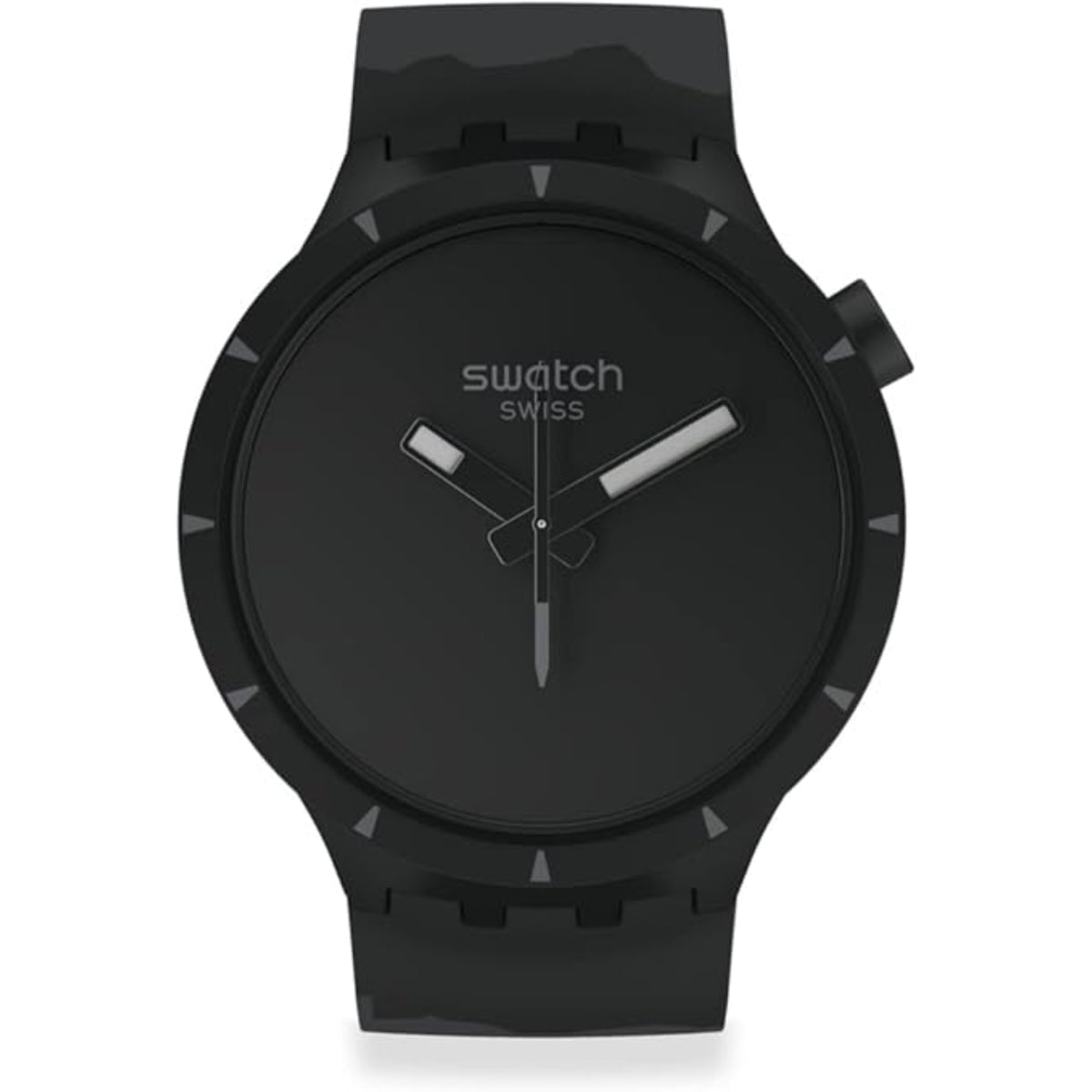 Black dial 3-hand watch with silicone strap and raised bezel markers