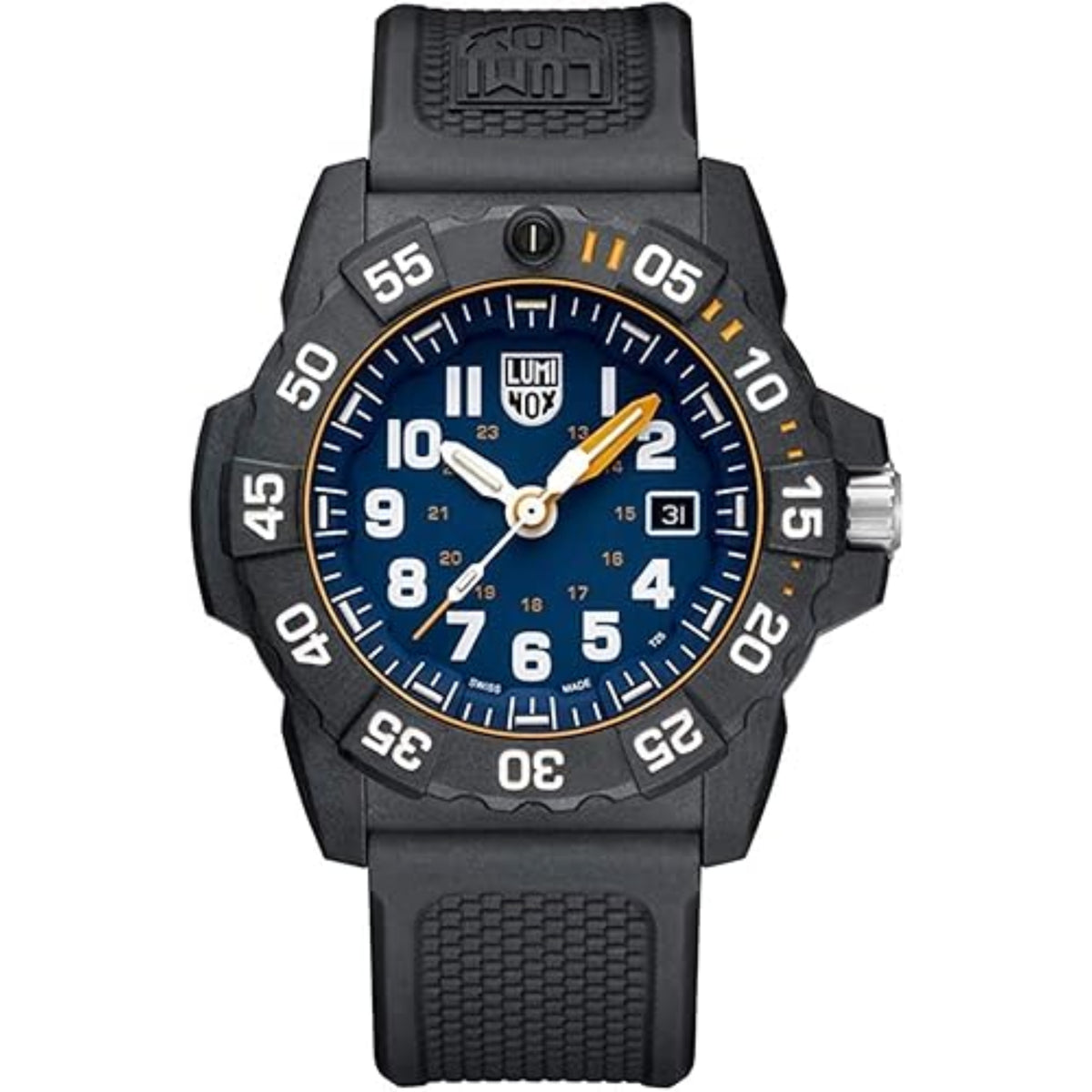 Men's quartz dive watch with blue dial, black rubber strap, black bezel with minute markers and date