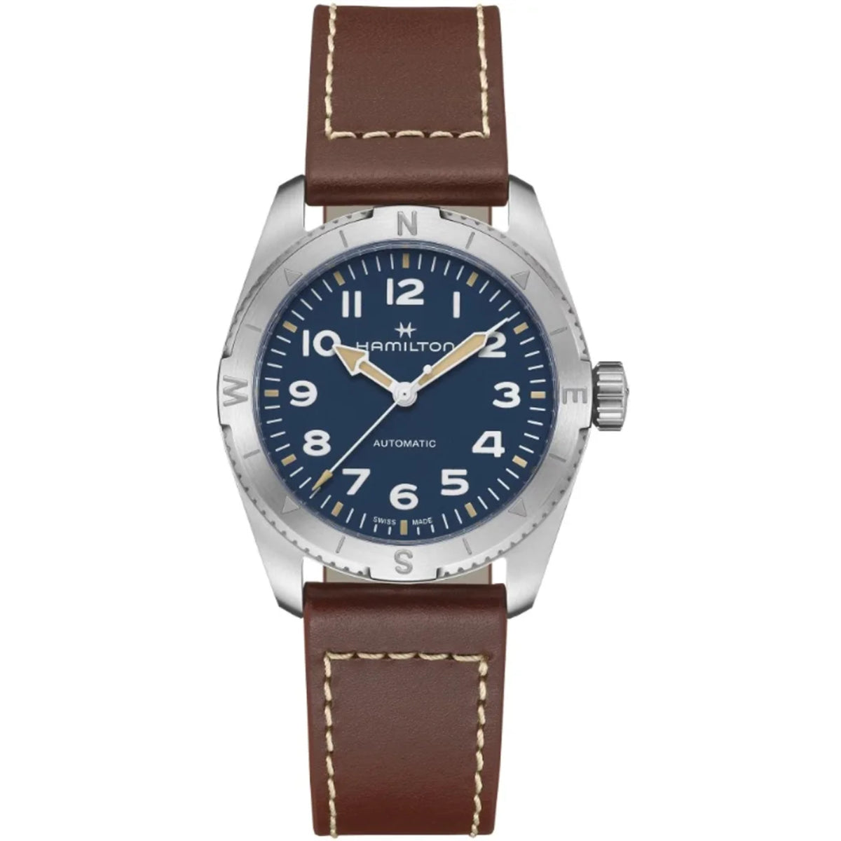 Hamilton Khaki Field 37mm Expedition blue dial brown leather automatic watch H70225540 front view