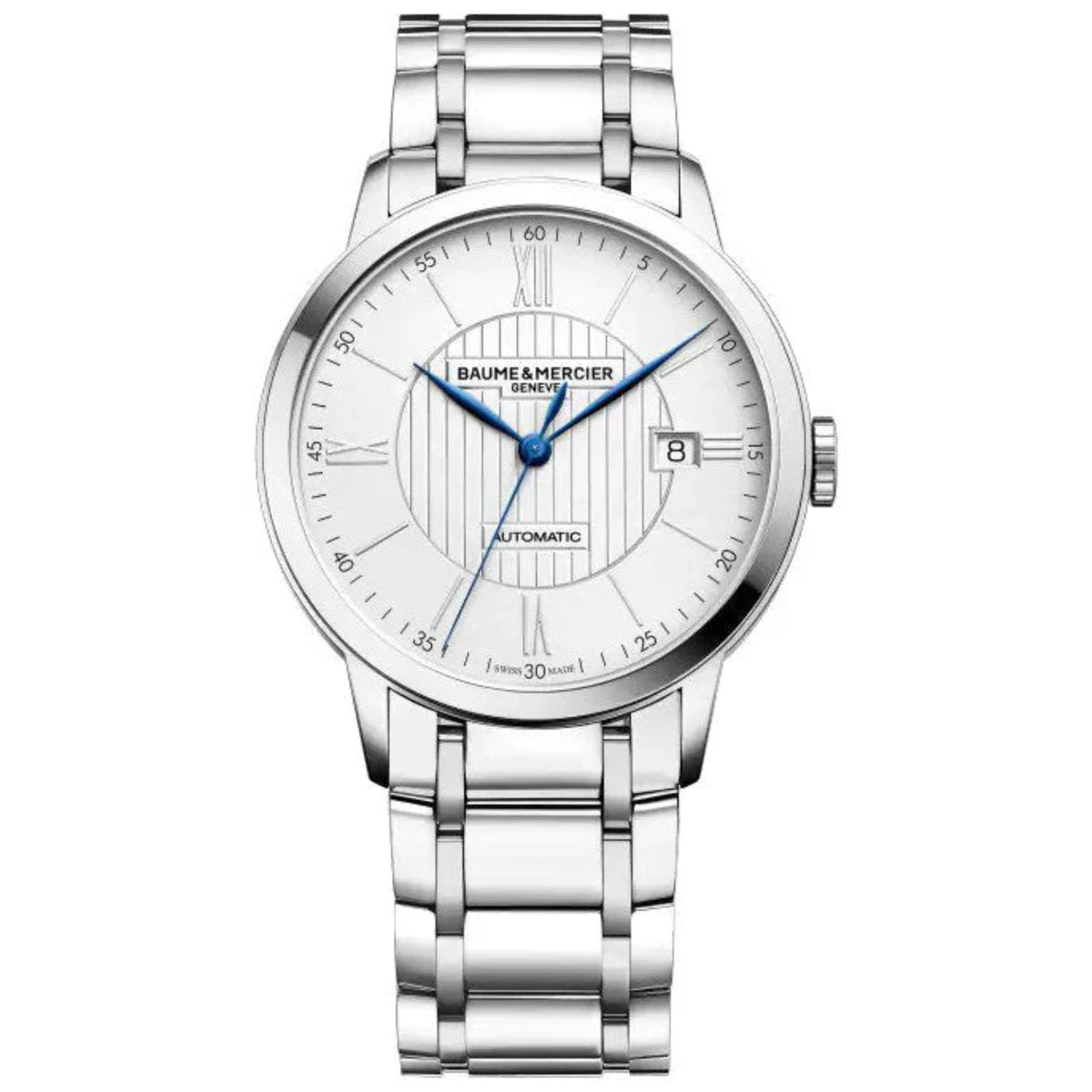 Stainless steel automatic wristwatch with white dial, blue hands, and date window