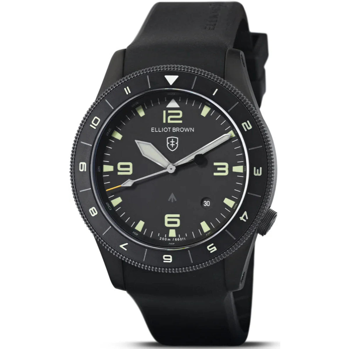 Men's black dial rubber strap watch with round black case, numeric hour markers, baton hands