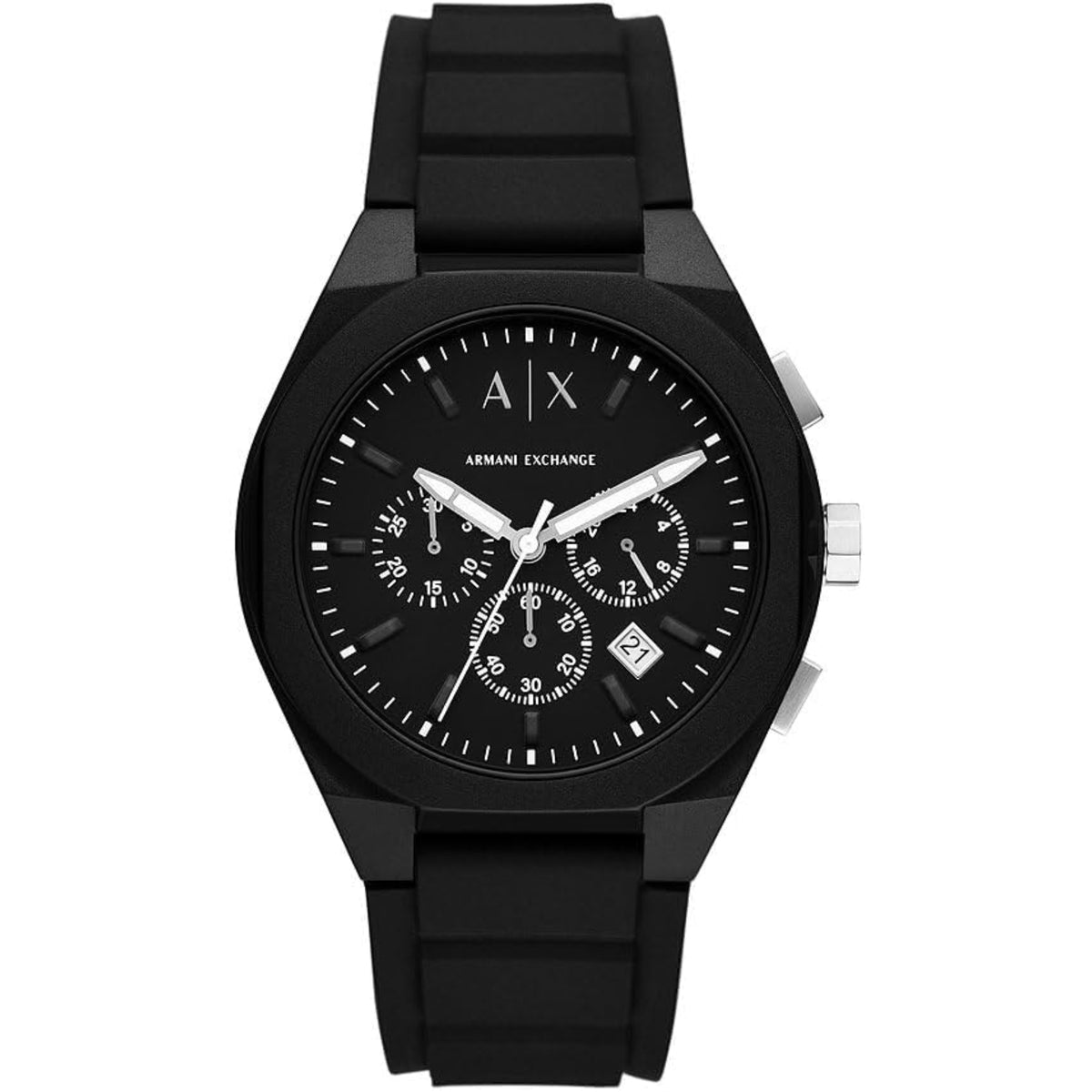 Armani Exchange Rafael AX4161 front view showing black chronograph dial with sub-dials and silicone strap