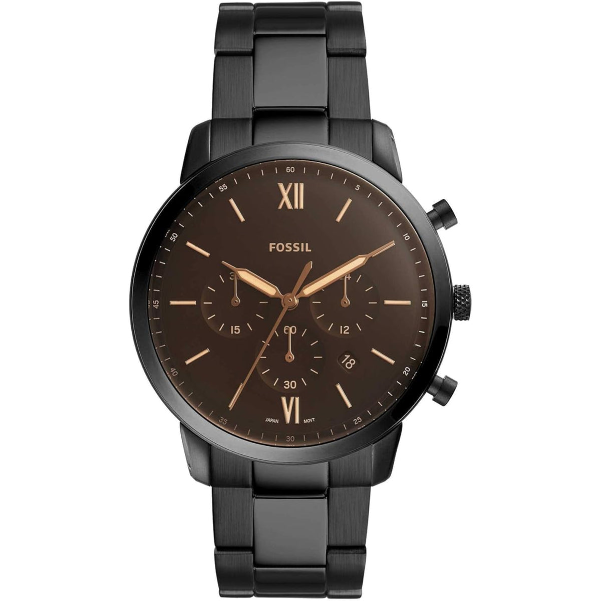 Black dial chronograph quartz watch with black stainless steel bracelet and three subdials