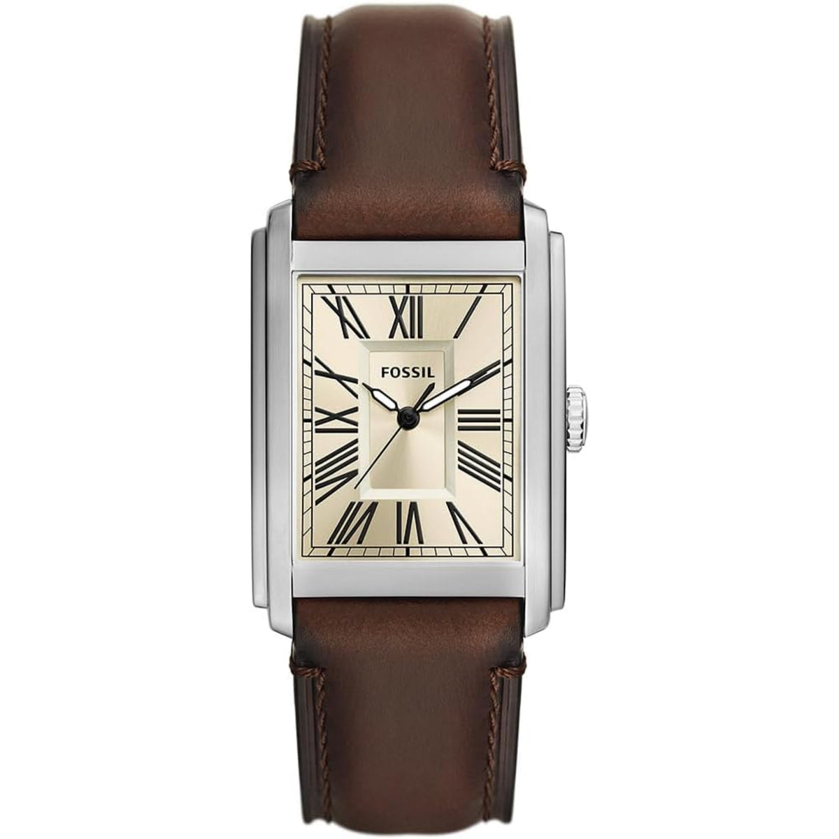 Fossil Carraway FS6012 mens quartz watch featuring a rectangular cream dial, stainless steel case, Roman numerals, and brown leather strap