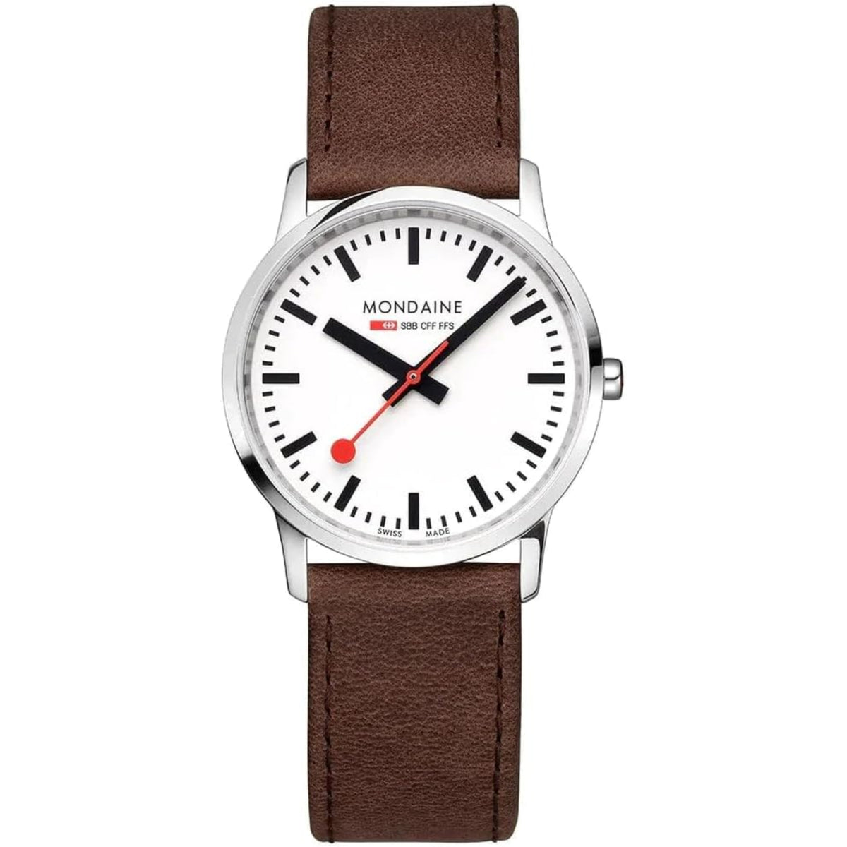 White dial quartz wristwatch with brown leather strap, silver case, red second hand