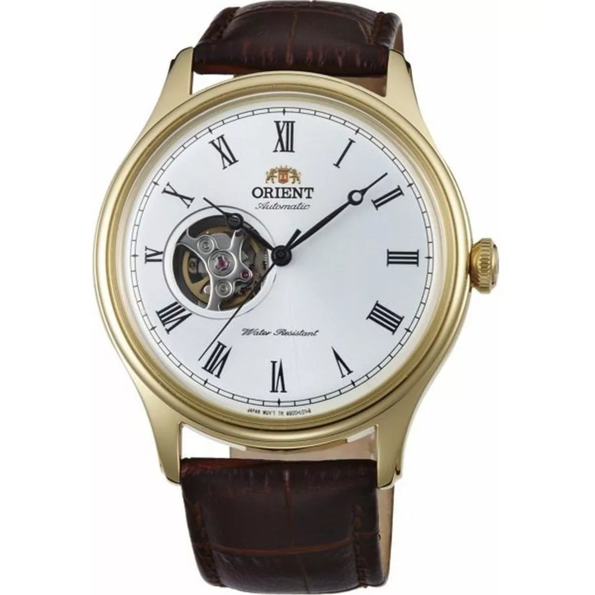 Gold case open-heart automatic watch with white dial, Roman numerals, brown leather strap