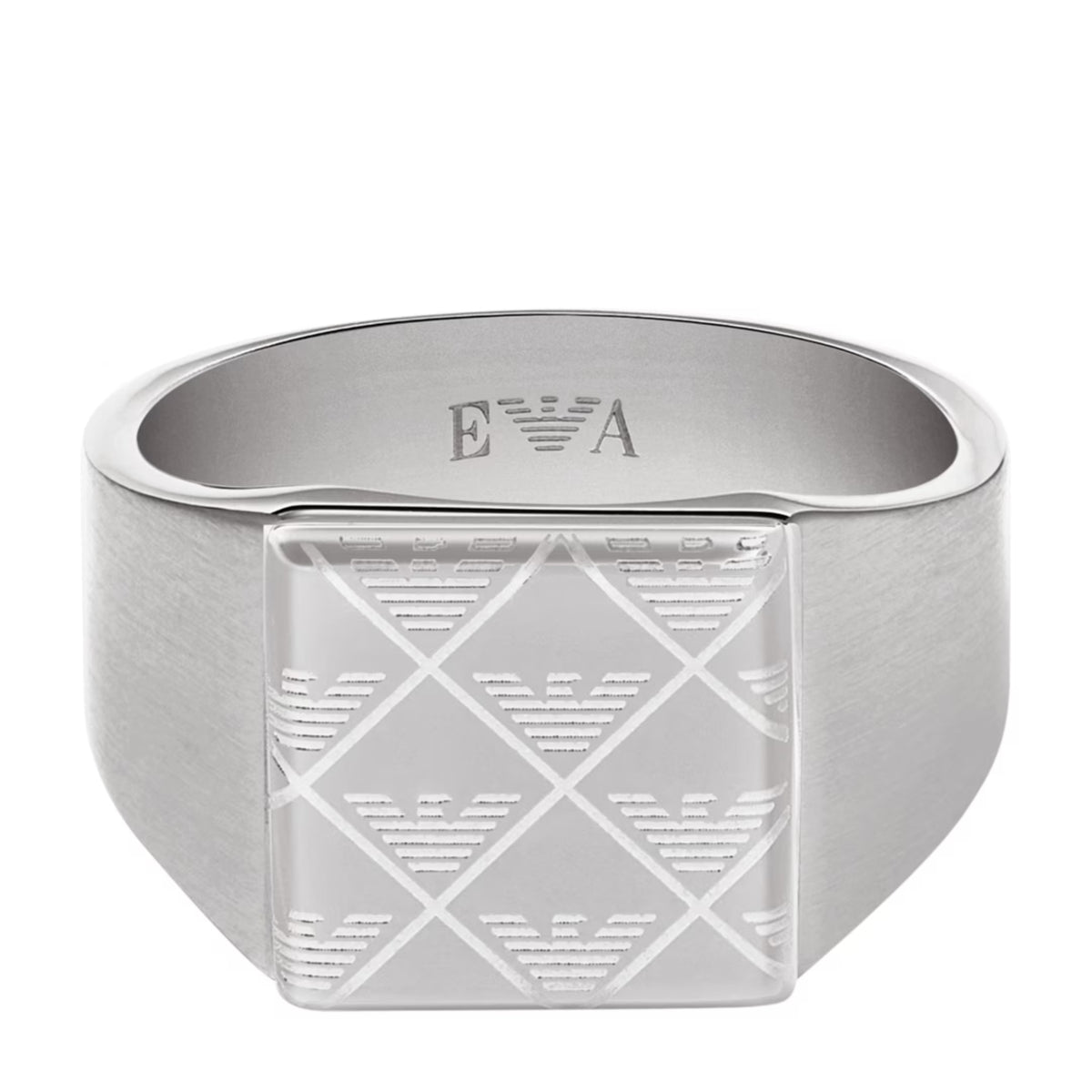 Men's silver signet ring with EA emblem and geometric eagle motif on top panel