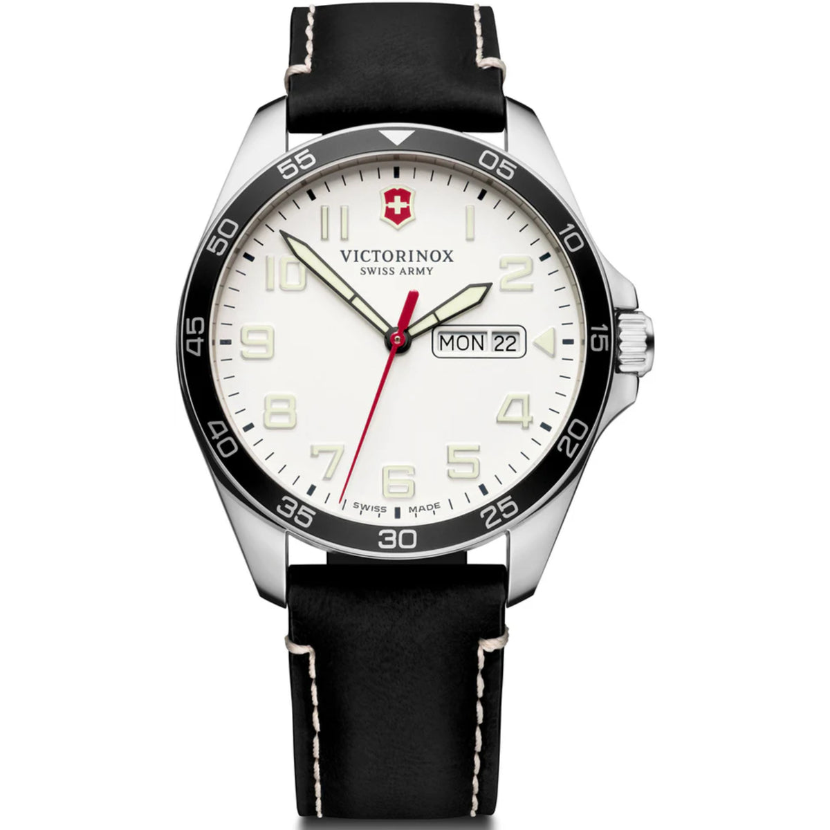 Men's quartz wristwatch, white dial and black leather strap, silver case, date window
