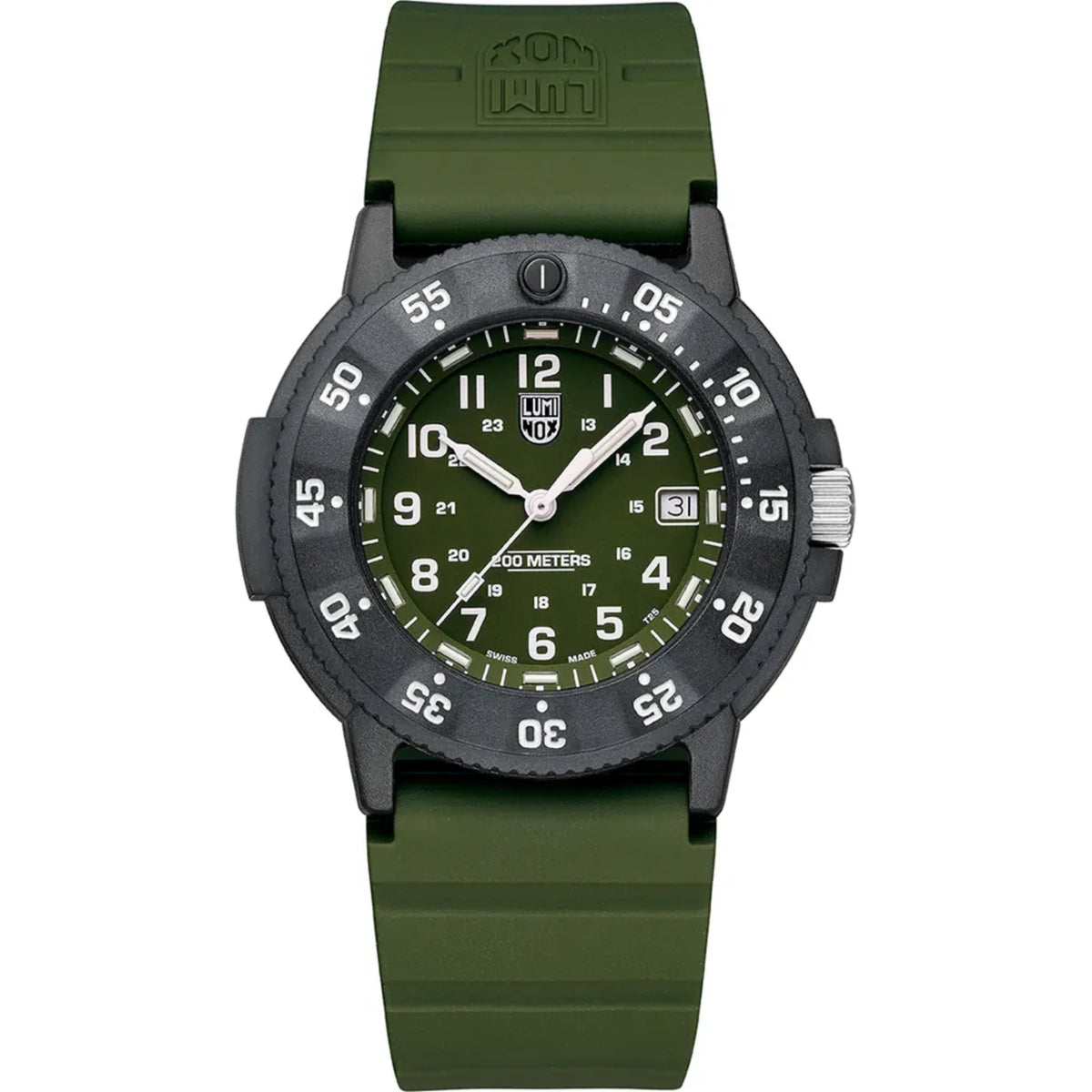 Men's diver quartz watch with green dial and olive rubber strap