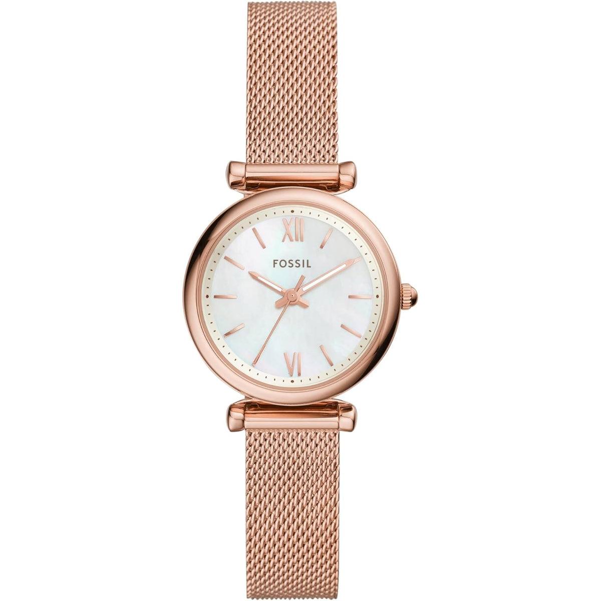 Rose gold Fossil quartz watch with white mother-of-pearl dial and mesh bracelet