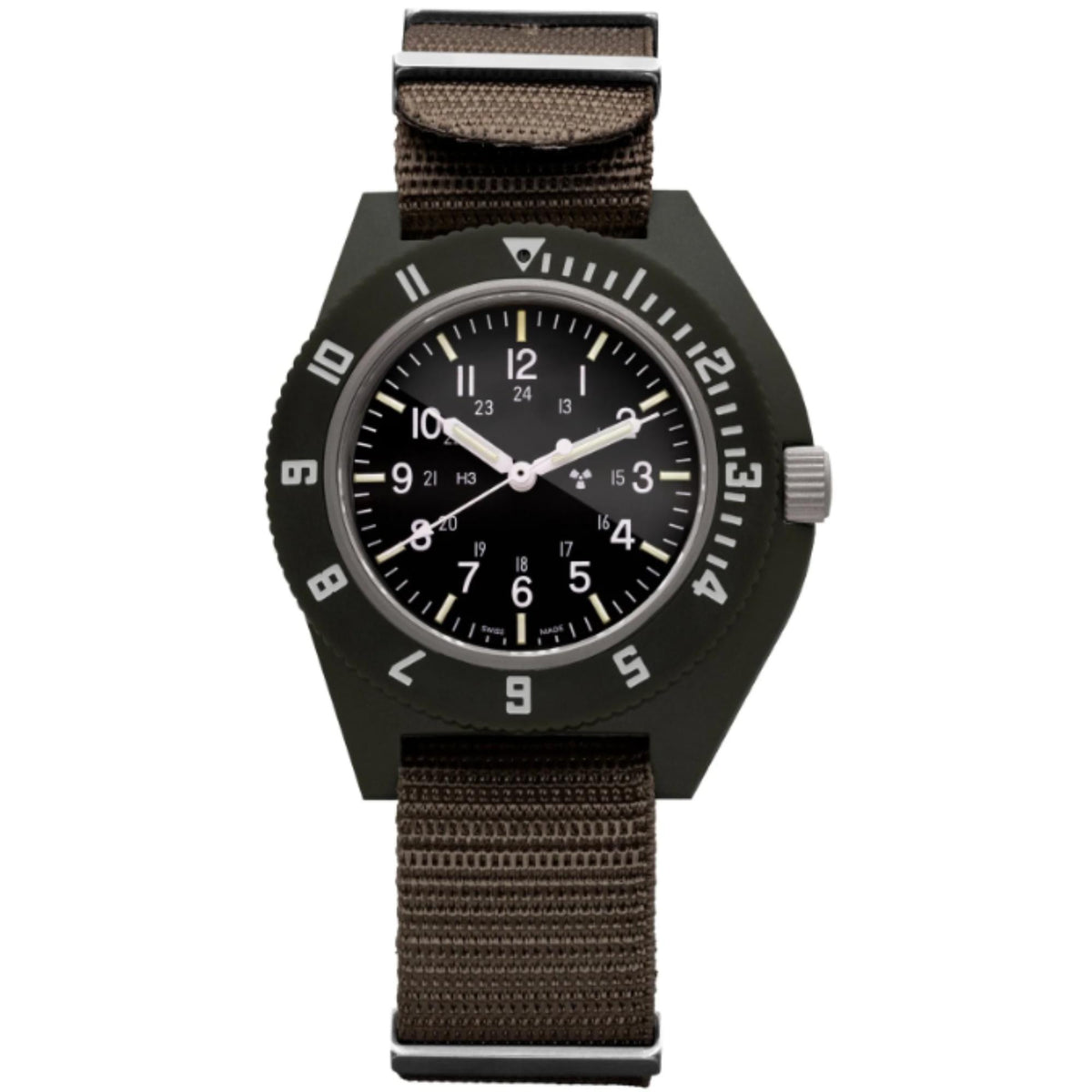 Men's pilot navigator watch with black dial, white markers, and dark olive fabric strap.