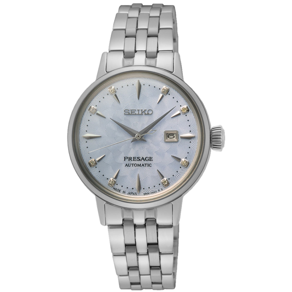 Seiko Presage SRE007J1 light blue textured dial front view