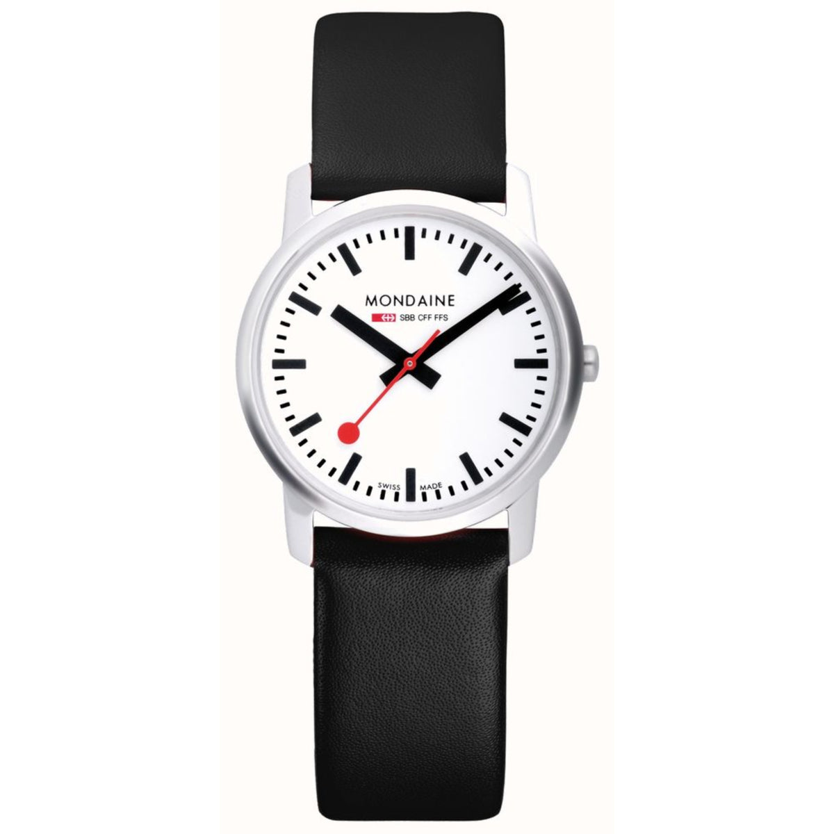 Quartz wristwatch with white dial, black numerals, red accents, black leather strap