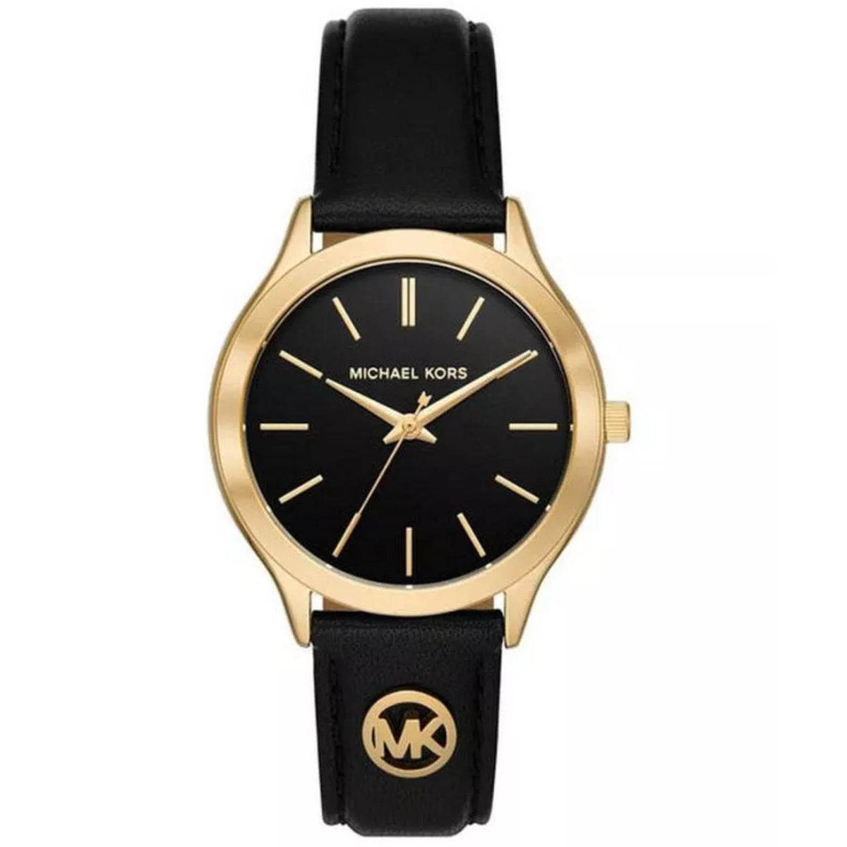Michael Kors women’s watch with black dial, gold-tone case, and black leather strap