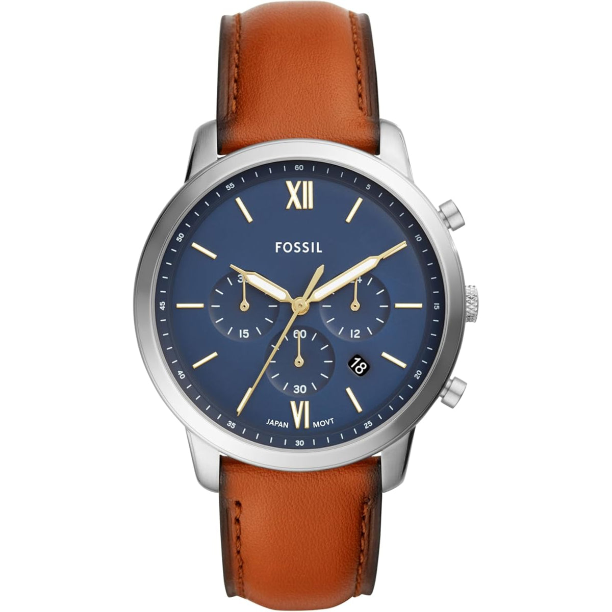 Fossil Neutra FS5453 front view showing blue dial with chronograph sub-dials, steel case, and leather strap