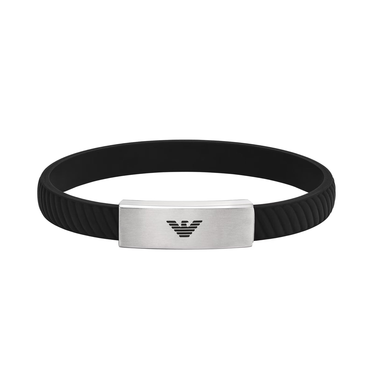 Emporio Armani ID bracelet with black silicone strap and polished steel logo plate
